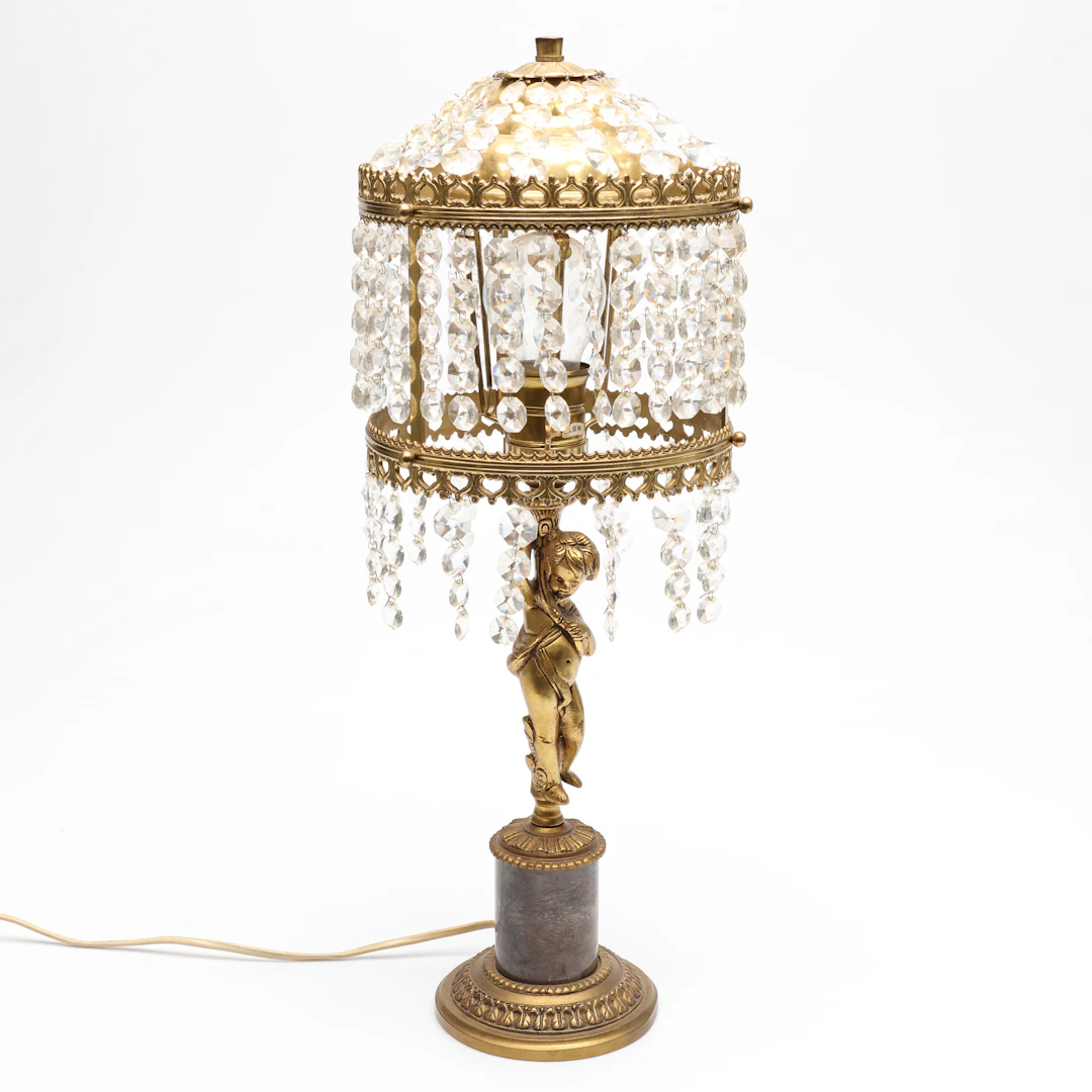 BORDSLAMPA, gulmetall och sten, hängande prismor.