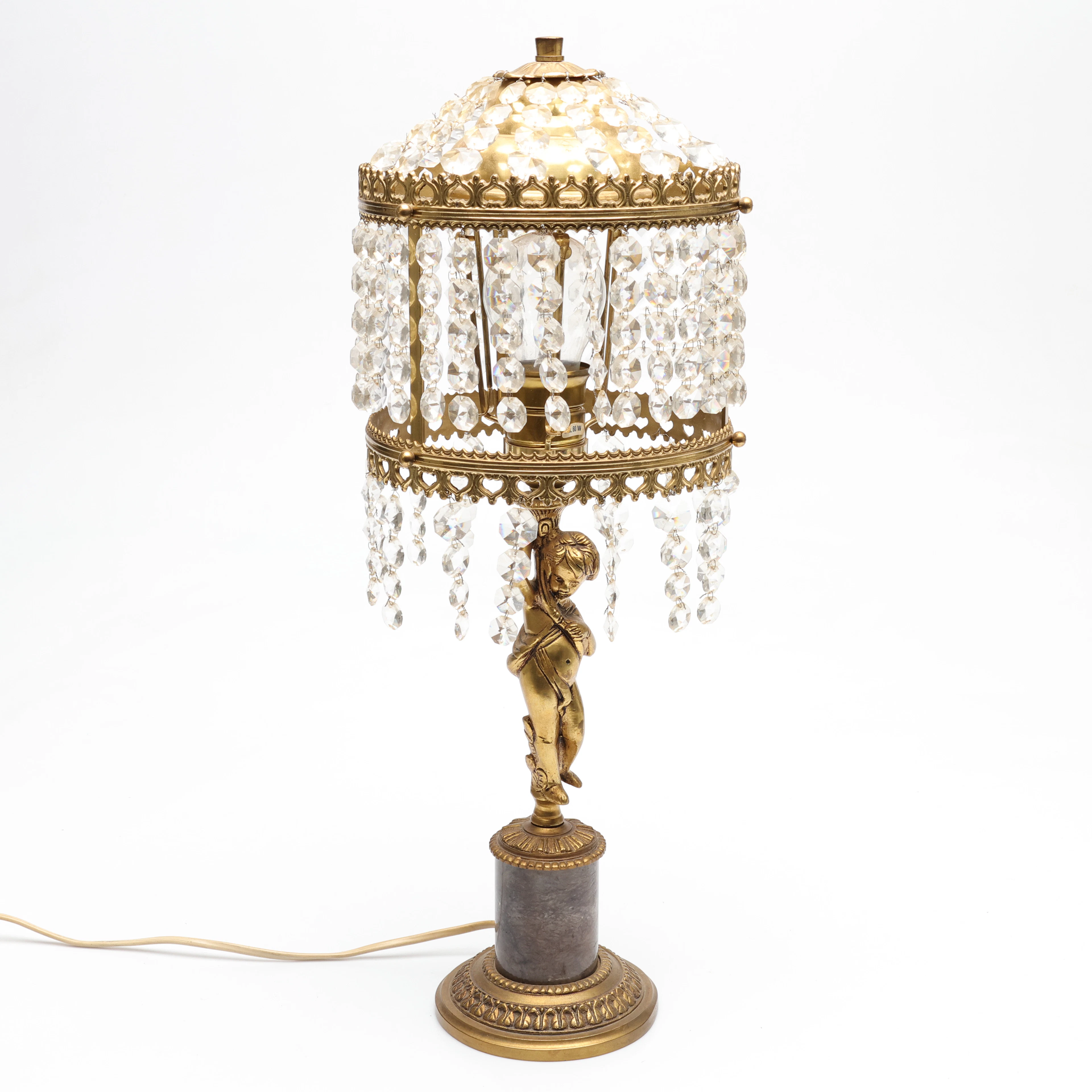 BORDSLAMPA, gulmetall och sten, hängande prismor.
