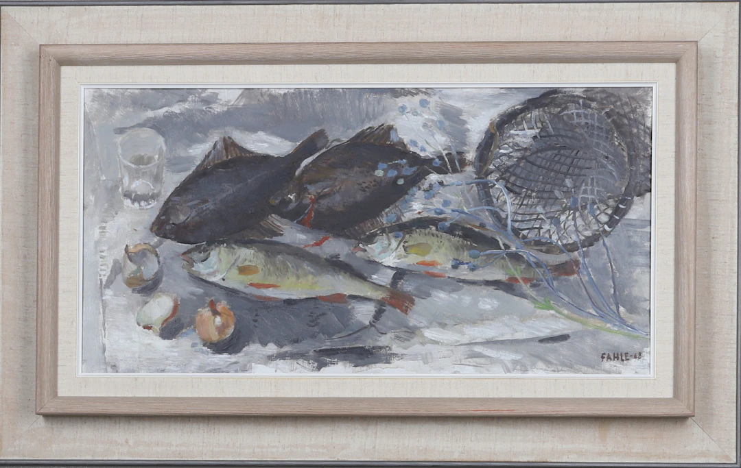GUSTAF ADOLF FAHLE. "Fiskstilleben Harstena", signerad och daterad -68.