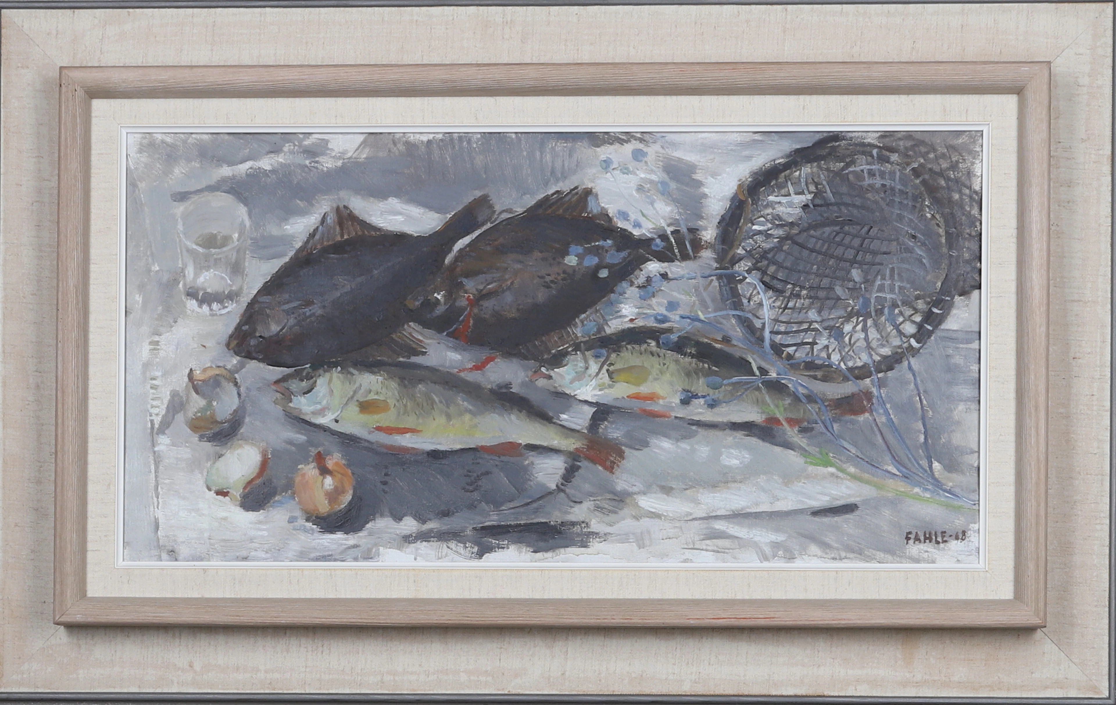 GUSTAF ADOLF FAHLE. "Fiskstilleben Harstena", signerad och daterad -68.