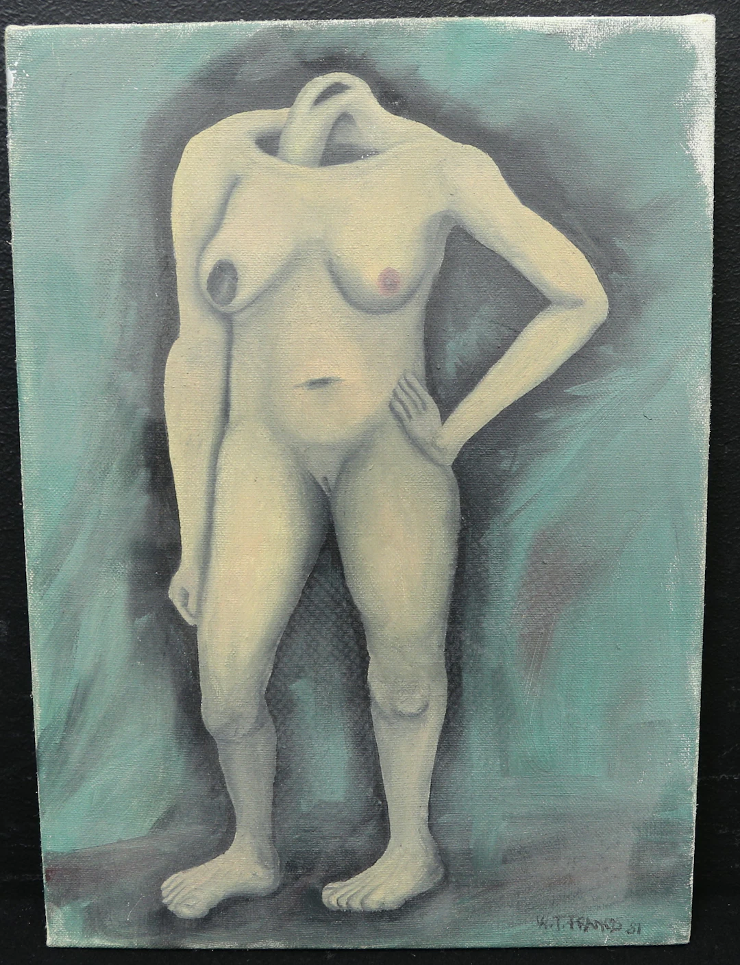 OIDENTIFIERAD KONSTNÄR. olja på duk, surrealistisk nakenstudie, otydligt