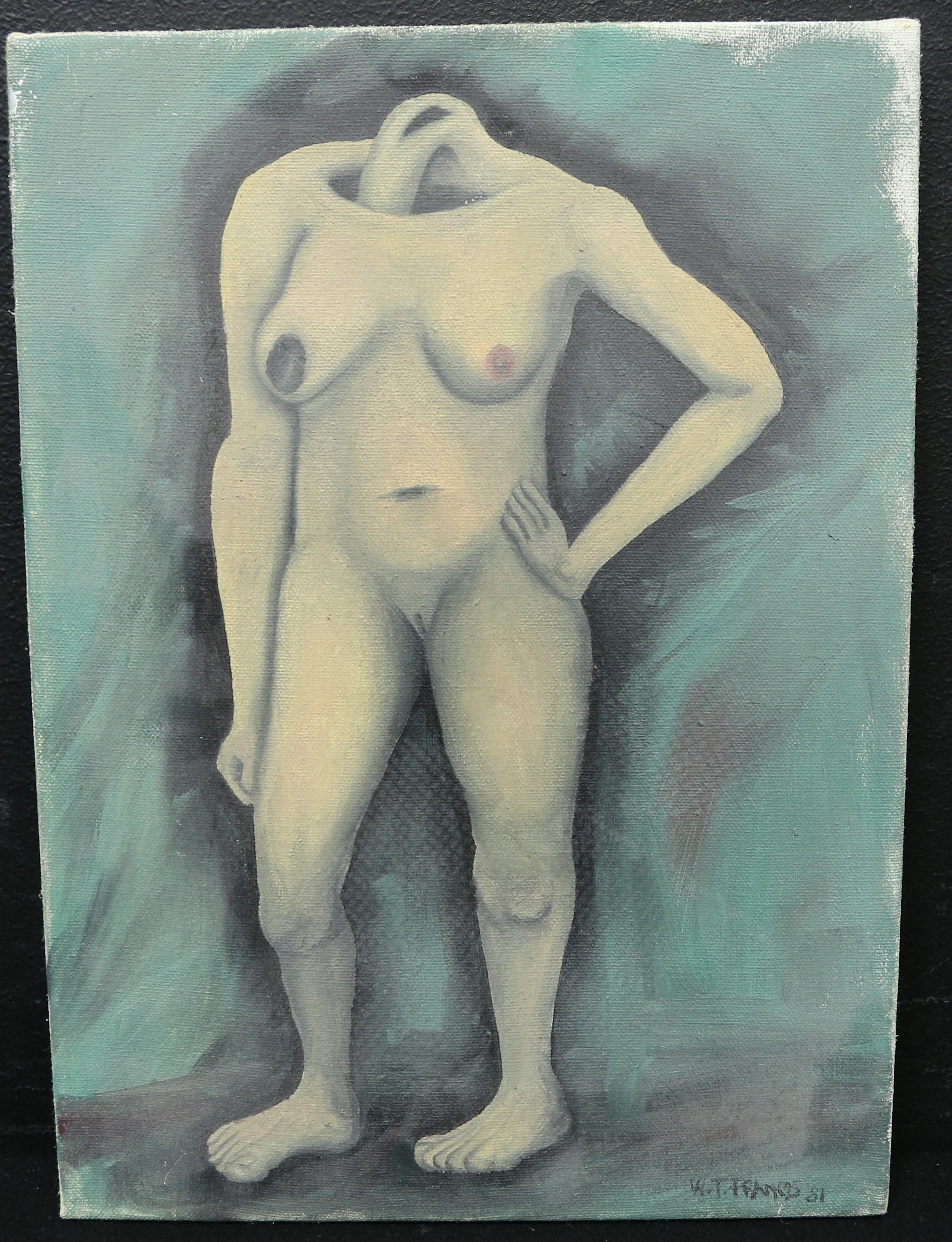 OIDENTIFIERAD KONSTNÄR. olja på duk, surrealistisk nakenstudie, otydligt