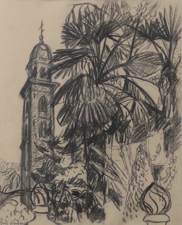 GÖTE HENNIX. Kolteckning, kyrka, signerad.