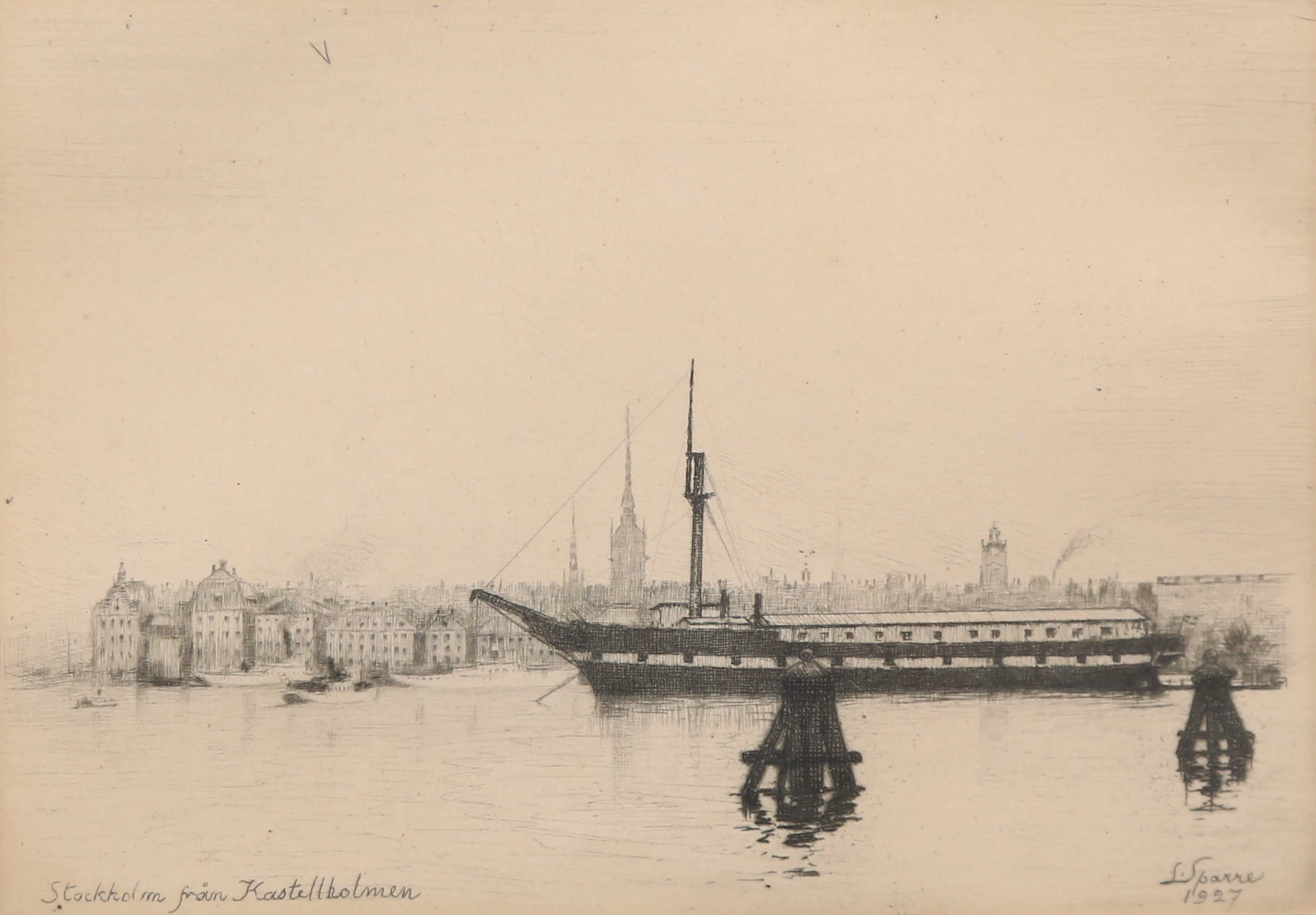 LOUIS SPARRE. etsning, "Stockholm från Kastellholmen" signerad.