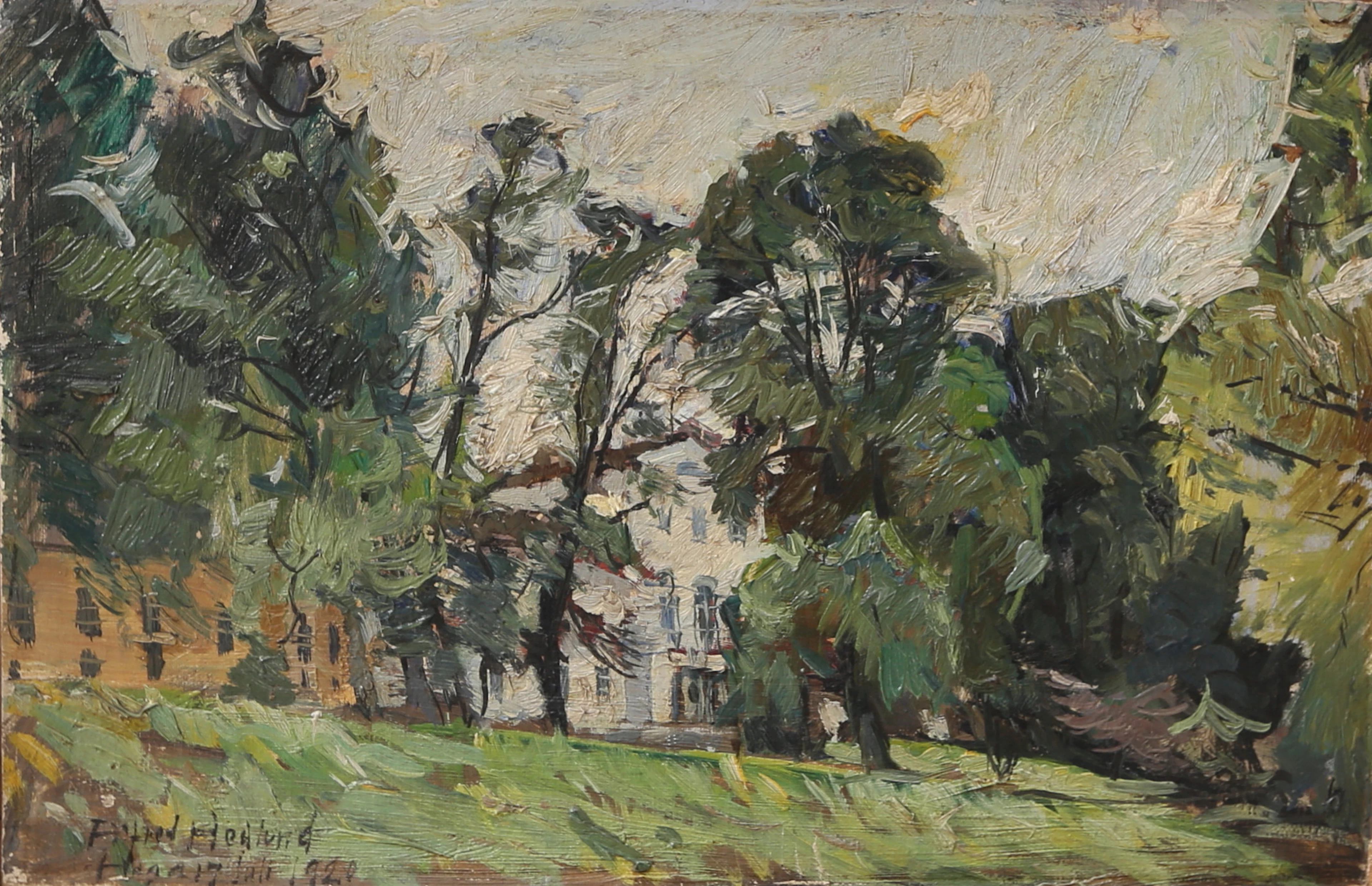 ALFRED HEDLUND. olja på duk, "Haga Slott", uppklistrad på pannå, signerad