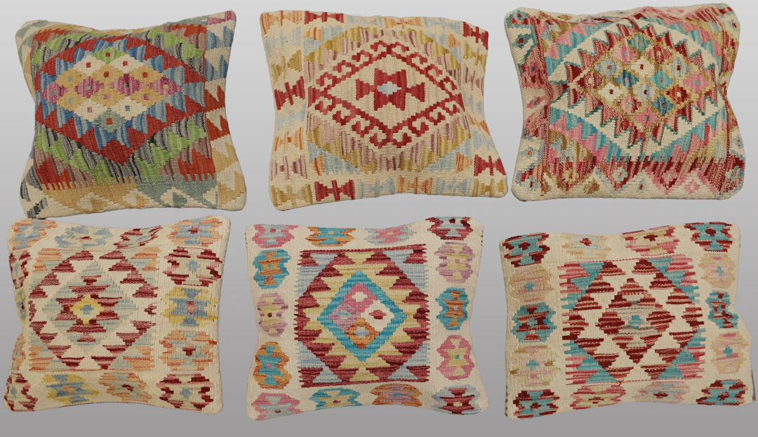 KUDDFODRAL. Parti kuddfodral, 6 st, anatoliska Kelim fragment, 45 x 45 cm.