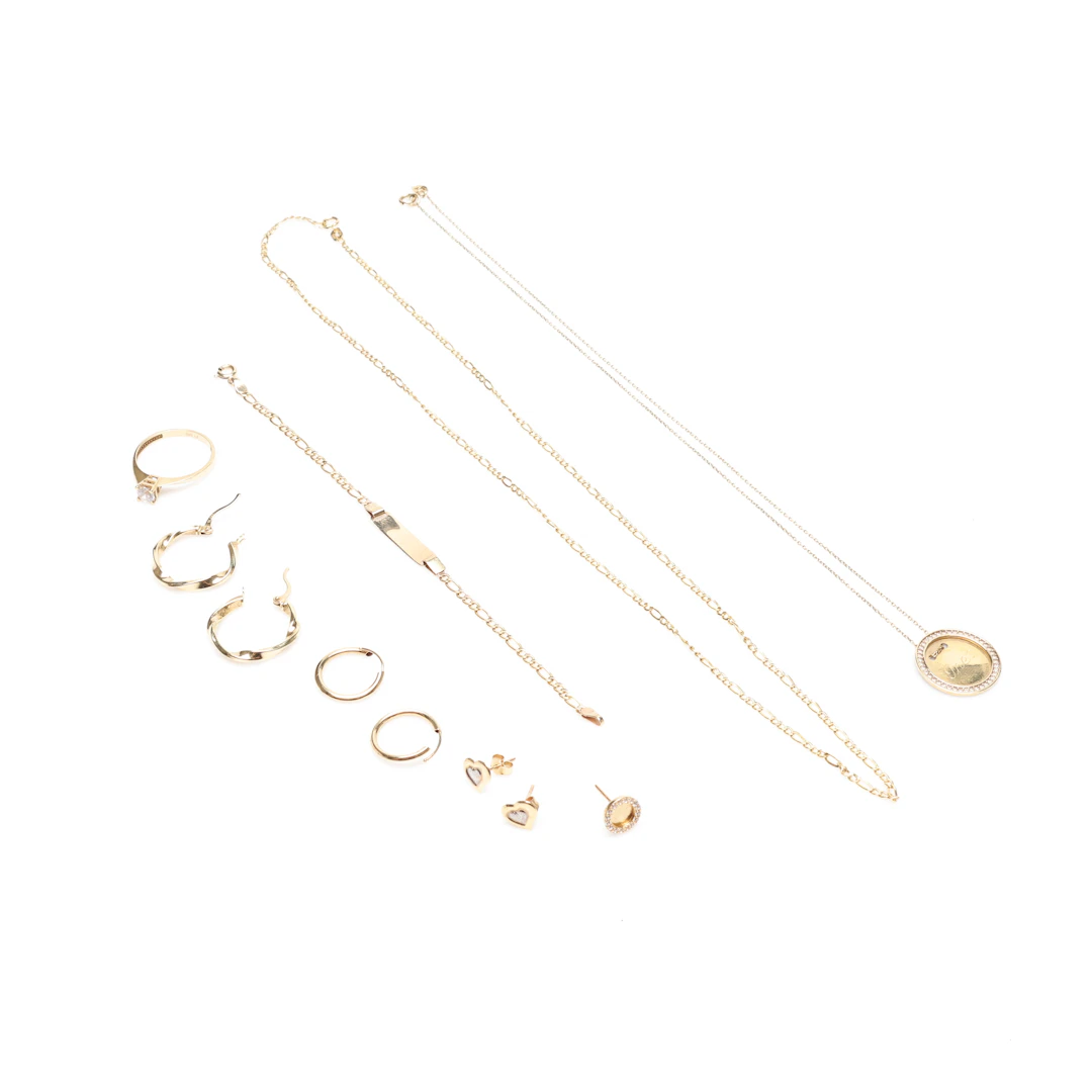 2 HALSBAND, HÄNGE, ARMBAND, RING samt 7 ÖRHÄNGE, 14K, Guld, vikt cirka 10 gram.