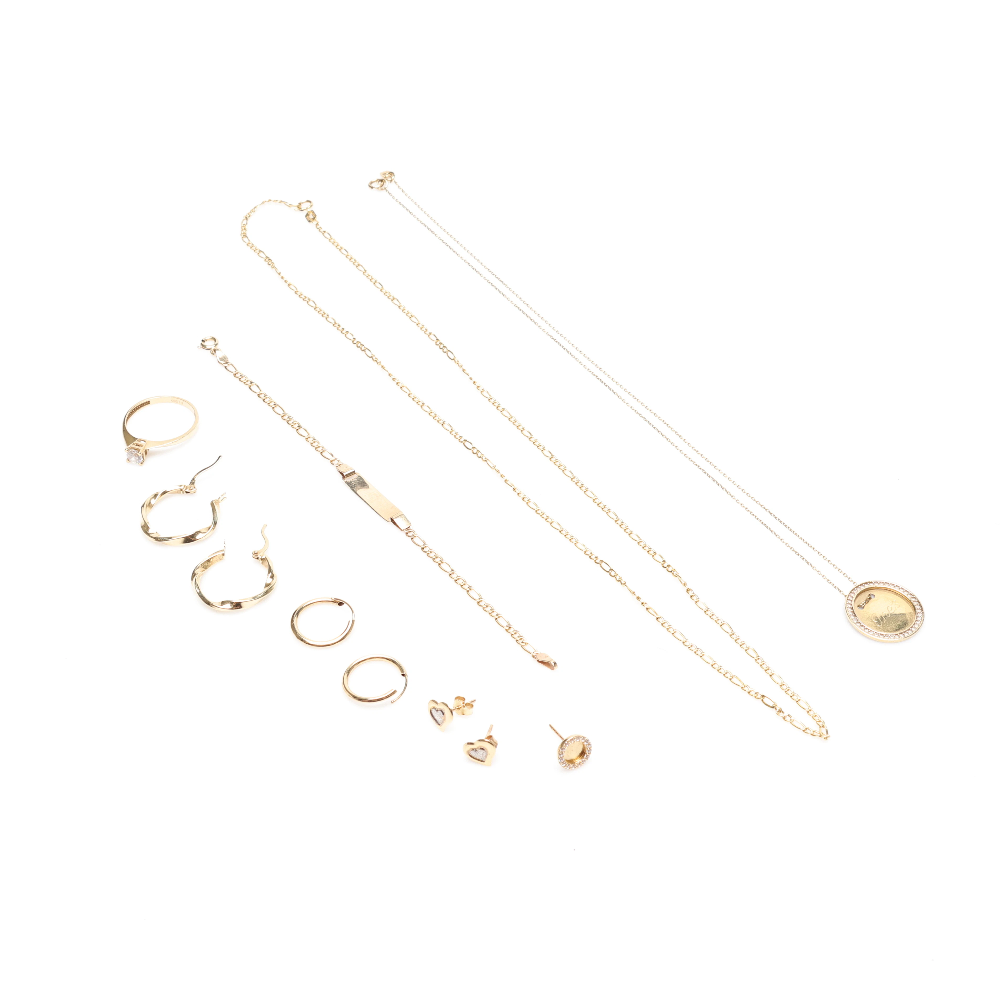 2 HALSBAND, HÄNGE, ARMBAND, RING samt 7 ÖRHÄNGE, 14K, Guld, vikt cirka 10 gram.