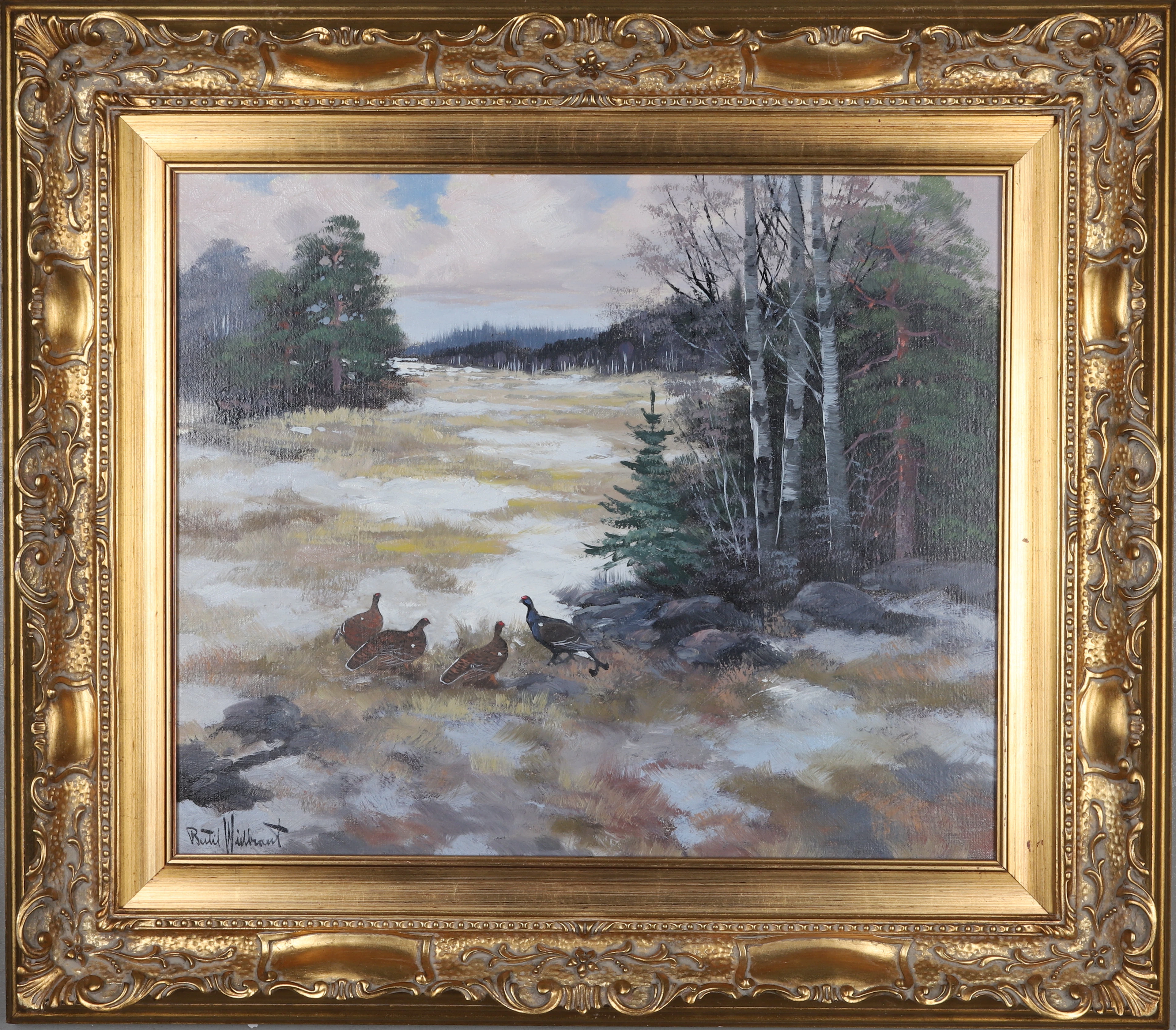 BERTIL WIDBRANDT. Olja på duk, tjädrar i vinterlandskap, signerad.