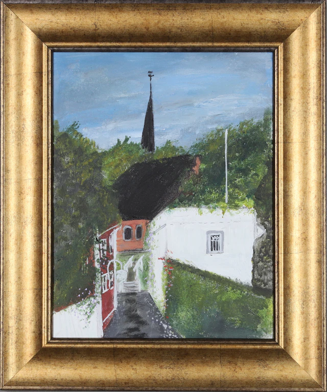 MARGARETA SKÖLD. Akryl på duk, "Gränden", signerad.