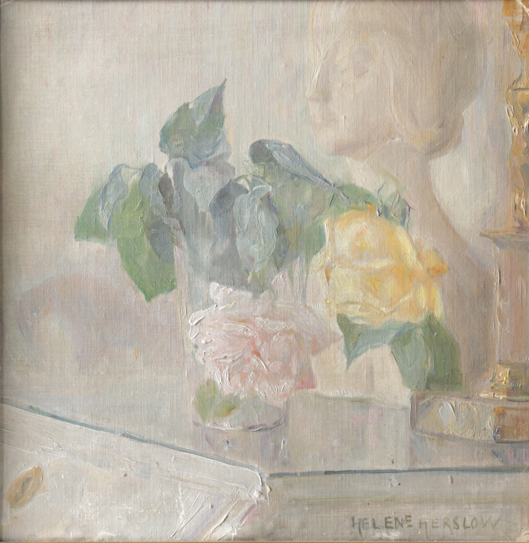 HELENE HERSLOW. Stilleben, olja på pannå, signerad.