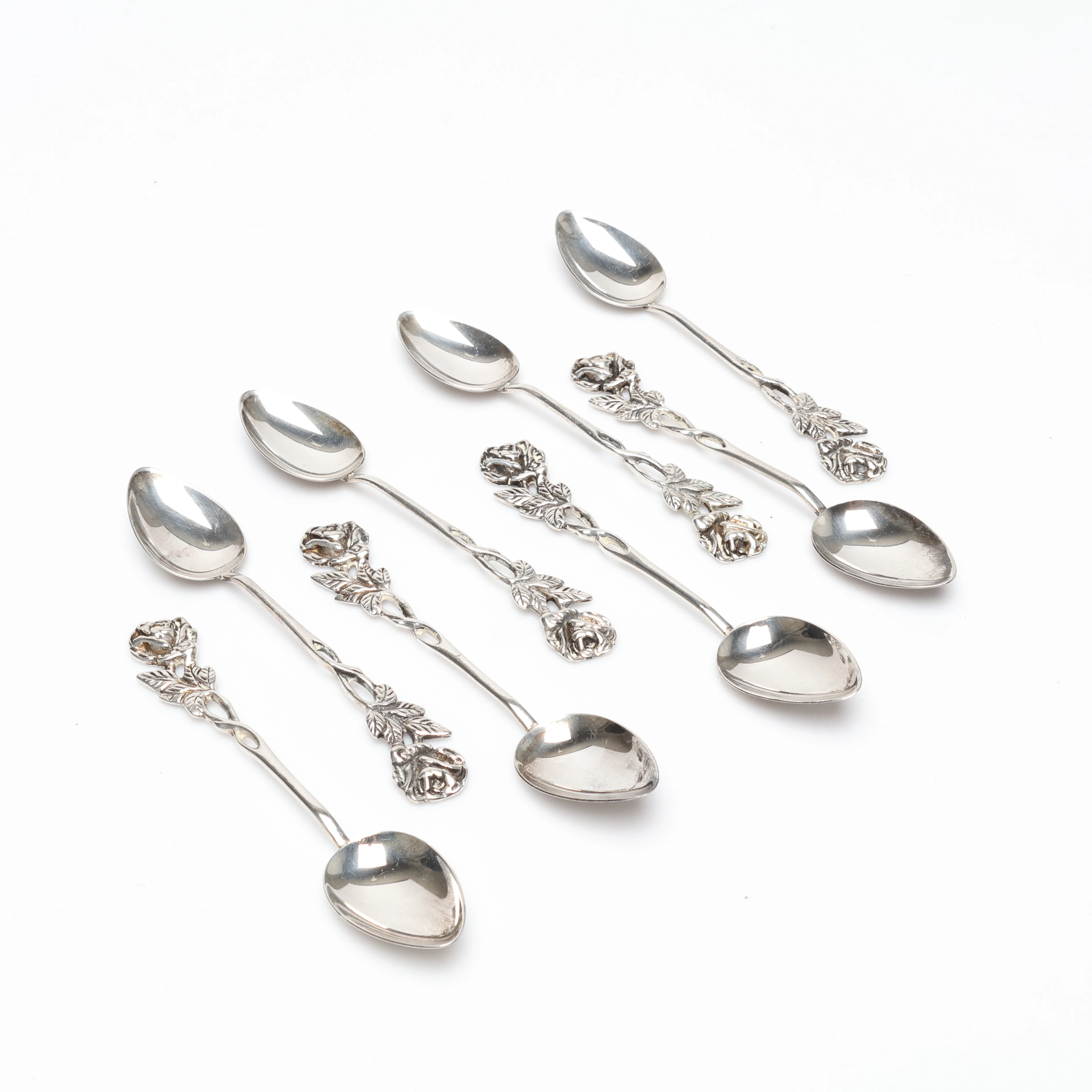 KAFFESKEDAR, 8 st, ''Rosen'', silver, vikt ca 92 g, Gewe.