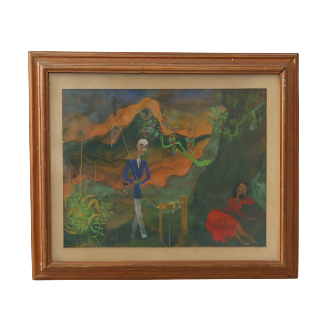FOLKE KARLSSON. Tristess: Dandyn och damen i rött, signerad, gouache.