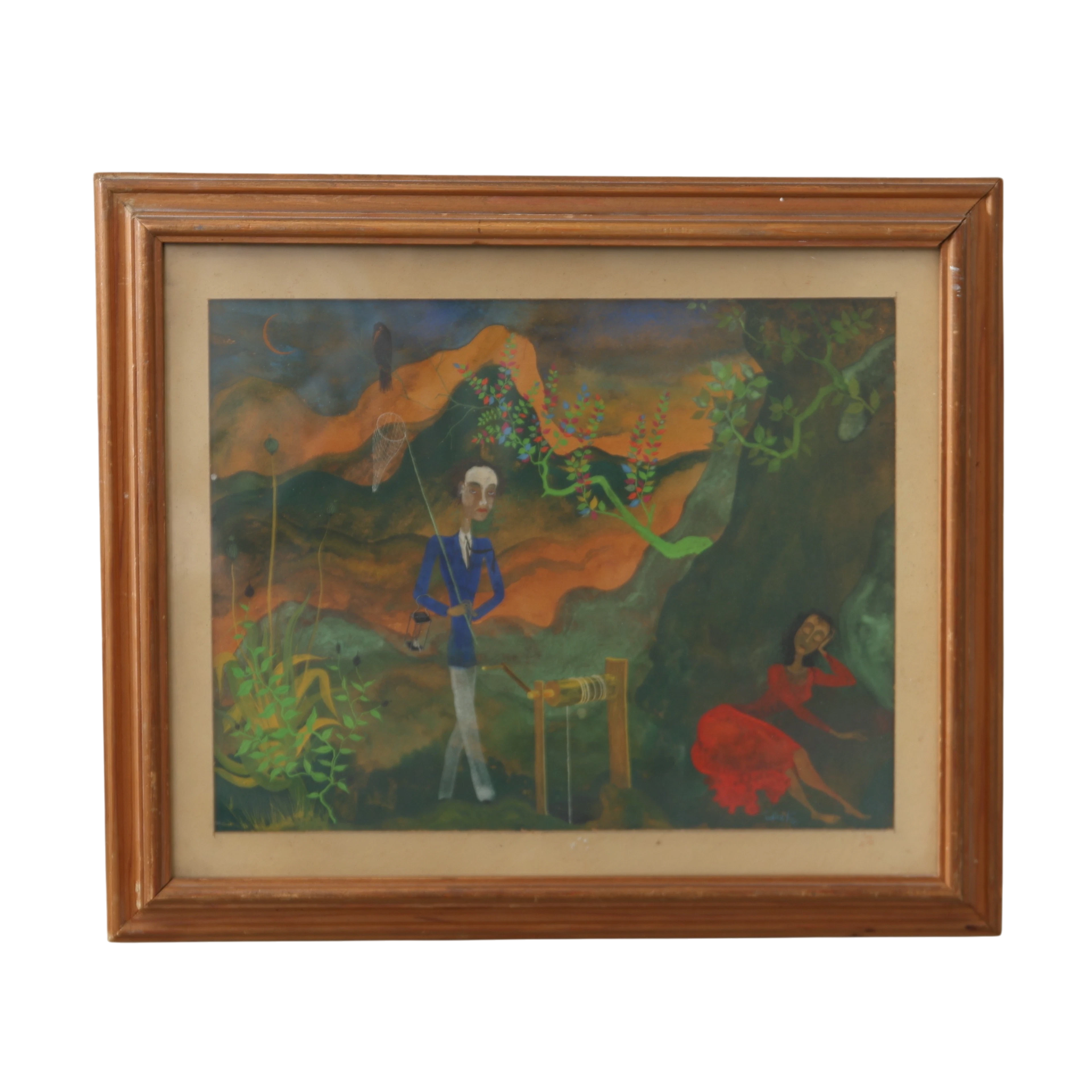 FOLKE KARLSSON. Tristess: Dandyn och damen i rött, signerad, gouache.
