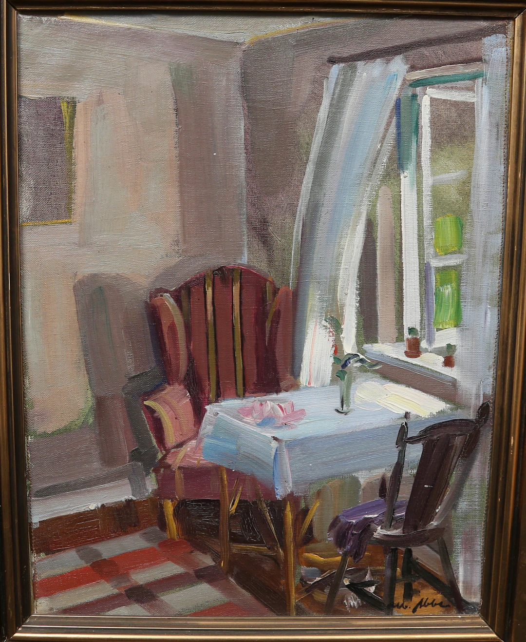ALBERT ABBE. olja på duk, rumsinteriör, signerad.