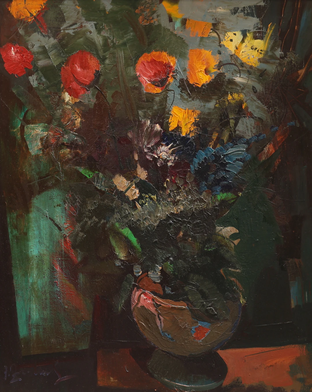 OIDENTIFIERAD KONSTNÄR. Blomsterstilleben, olja på pannå, signerad, 1900-tal.