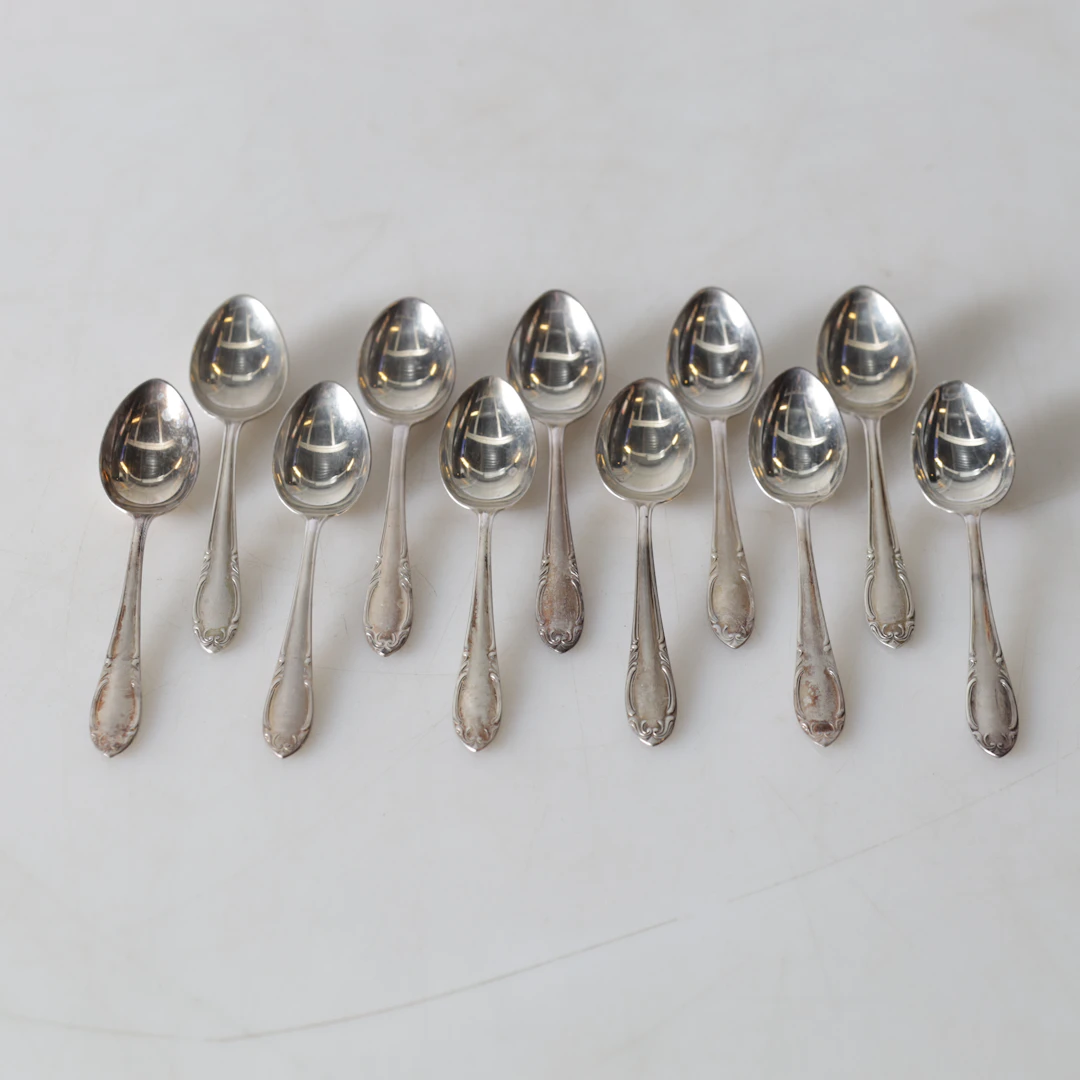 KAFFESKEDAR, 11 st, silver, mod. "Slottsbarock", olika tillverkare.