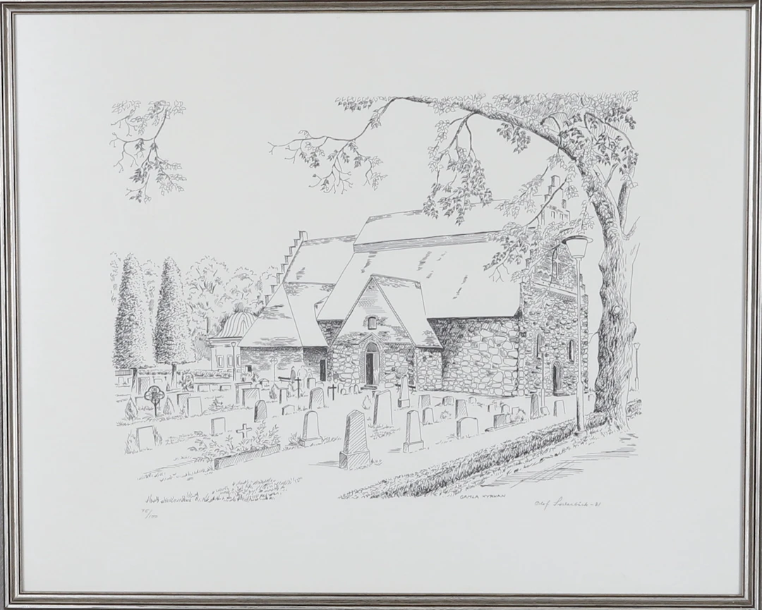OLOF SÖDERBÄCK. Litografi, "Gamla kyrkan", signerad, daterad -81