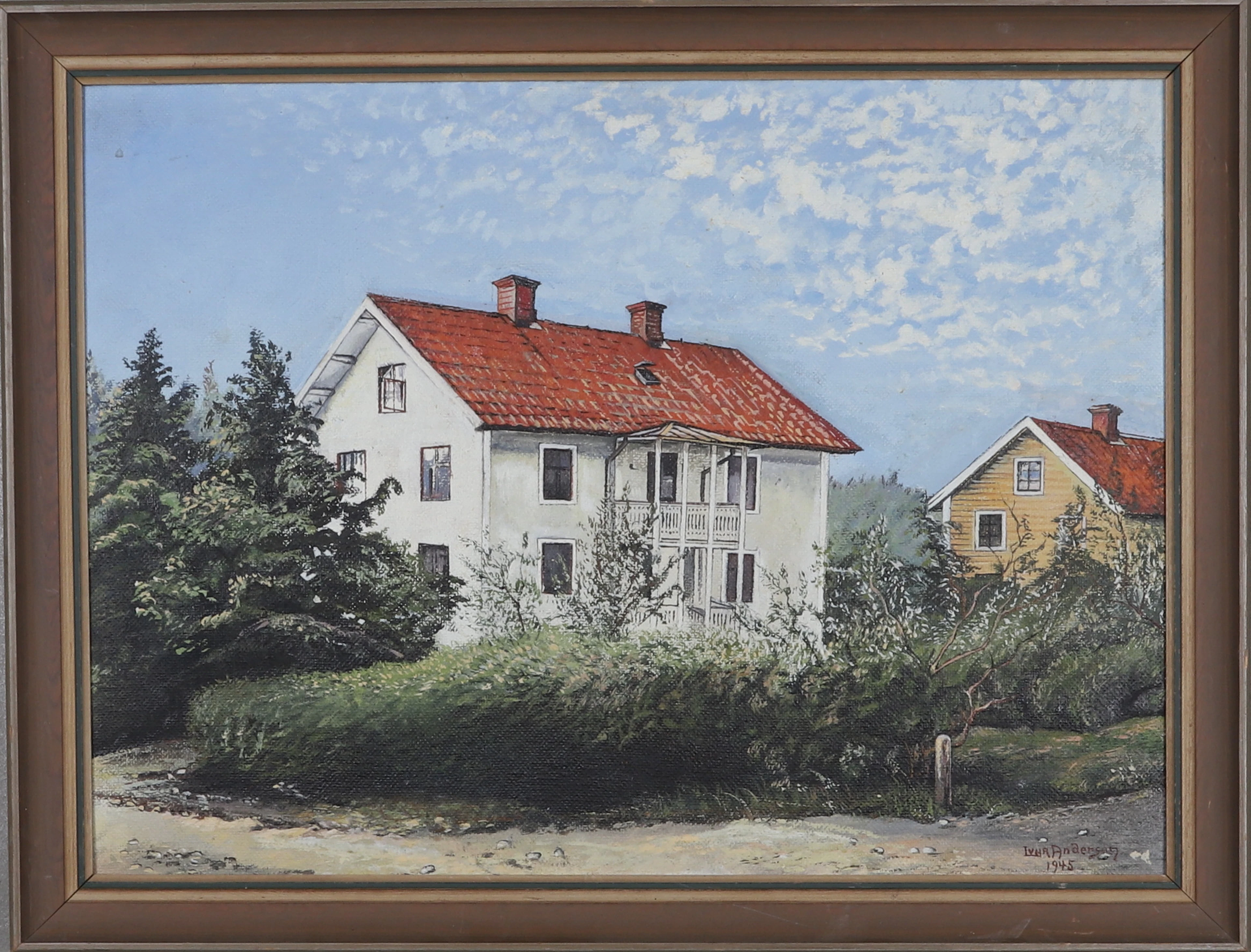 IVAR ANDERSON. Olja på pannå, villaområde, signerad och daterad 1945.