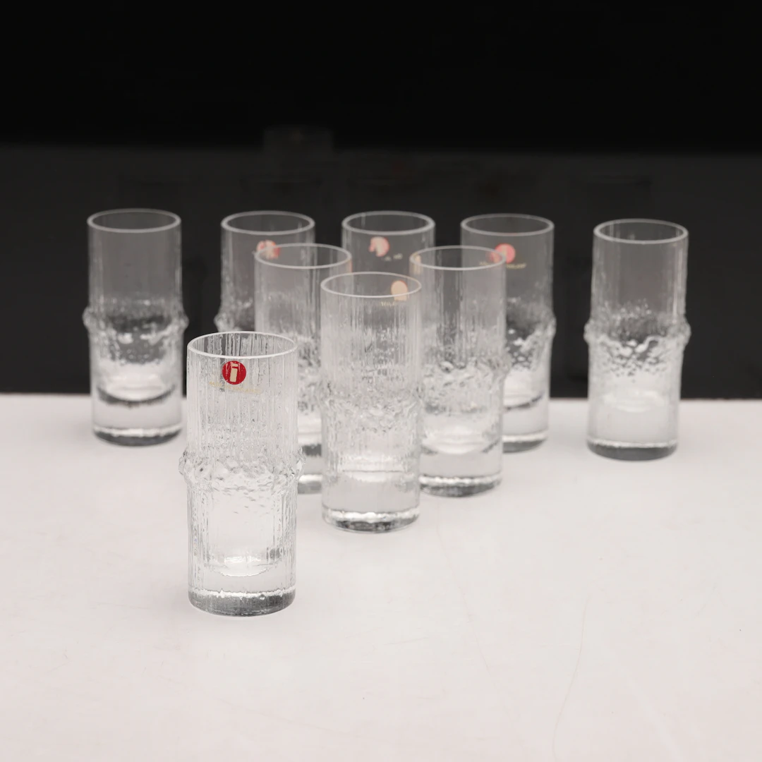 TAPIO WIRKKALA. Snapsglas, 9 st, " Niva", Iittala, Finland.