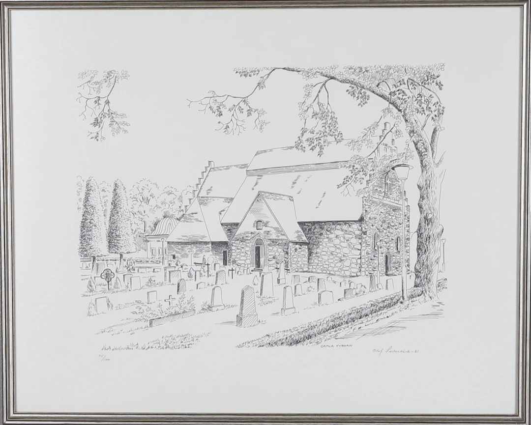 OLOF SÖDERBÄCK. Litografi, "Gamla kyrkan", signerad, daterad -81