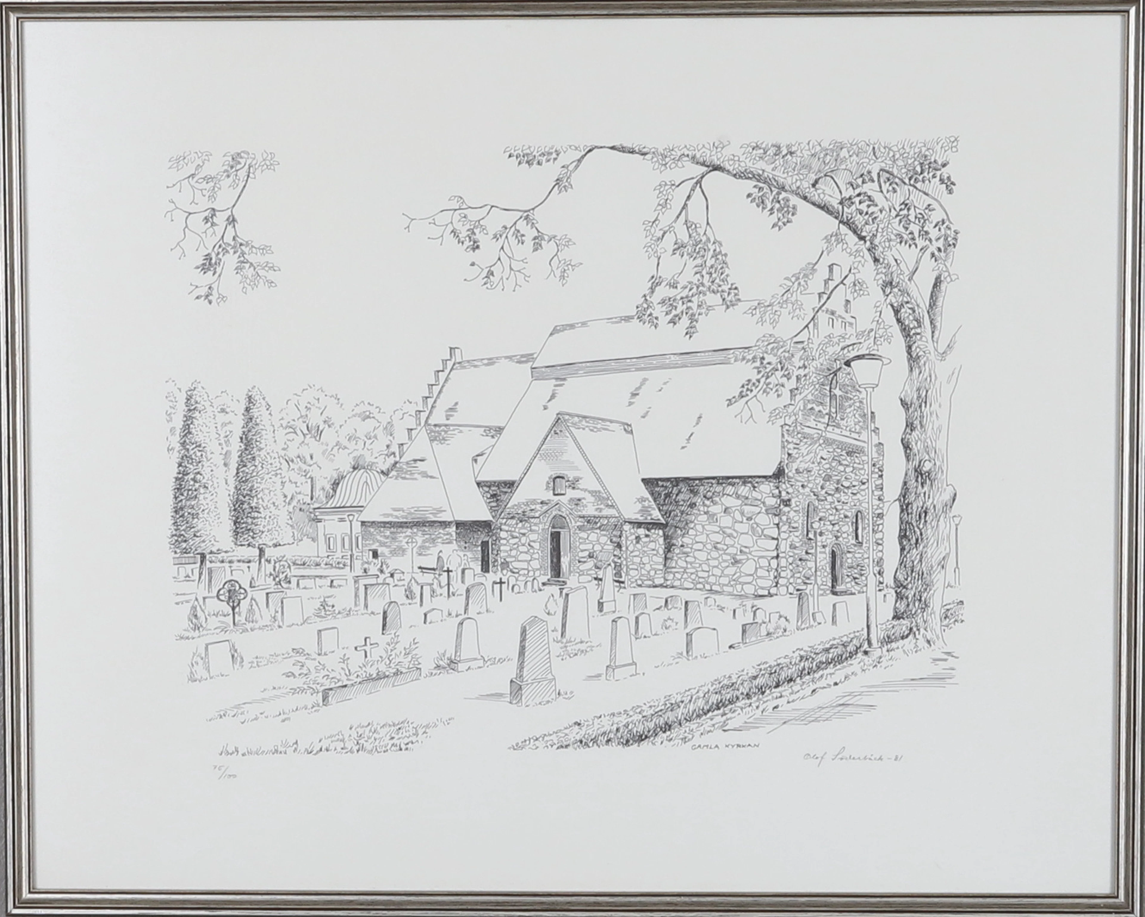 OLOF SÖDERBÄCK. Litografi, "Gamla kyrkan", signerad, daterad -81