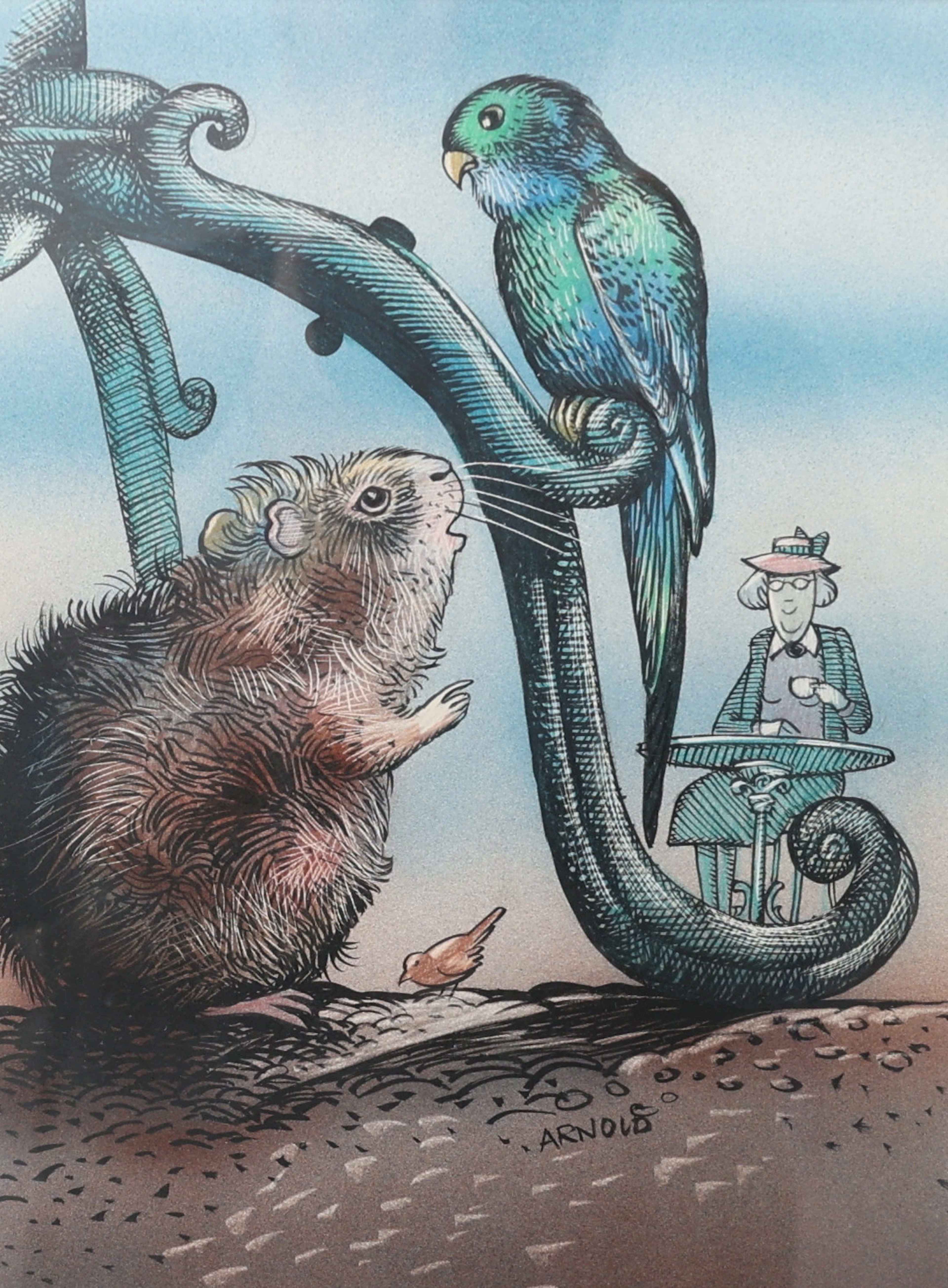 HANS ARNOLD. Surrealistiskt motiv, litografiskt tryck, signerat i trycket.