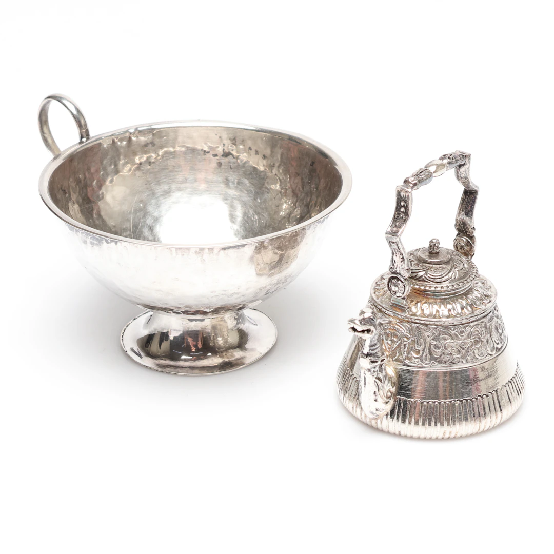 SUPKOPP samt MINIATYRKANNA, silver, totalvikt ca 84 g.