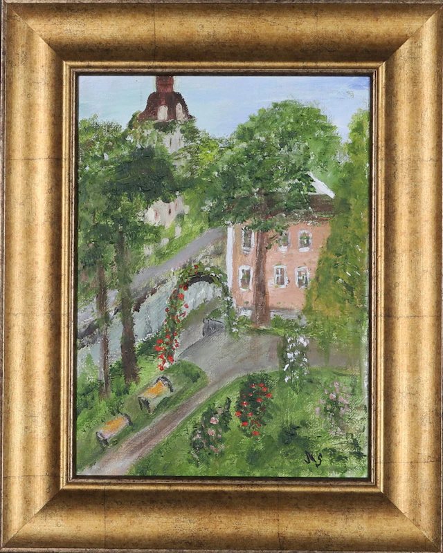 MARGARETA SKÖLD. Akryl på duk, " Utsikt från min balkong", monogramsignerad MS.