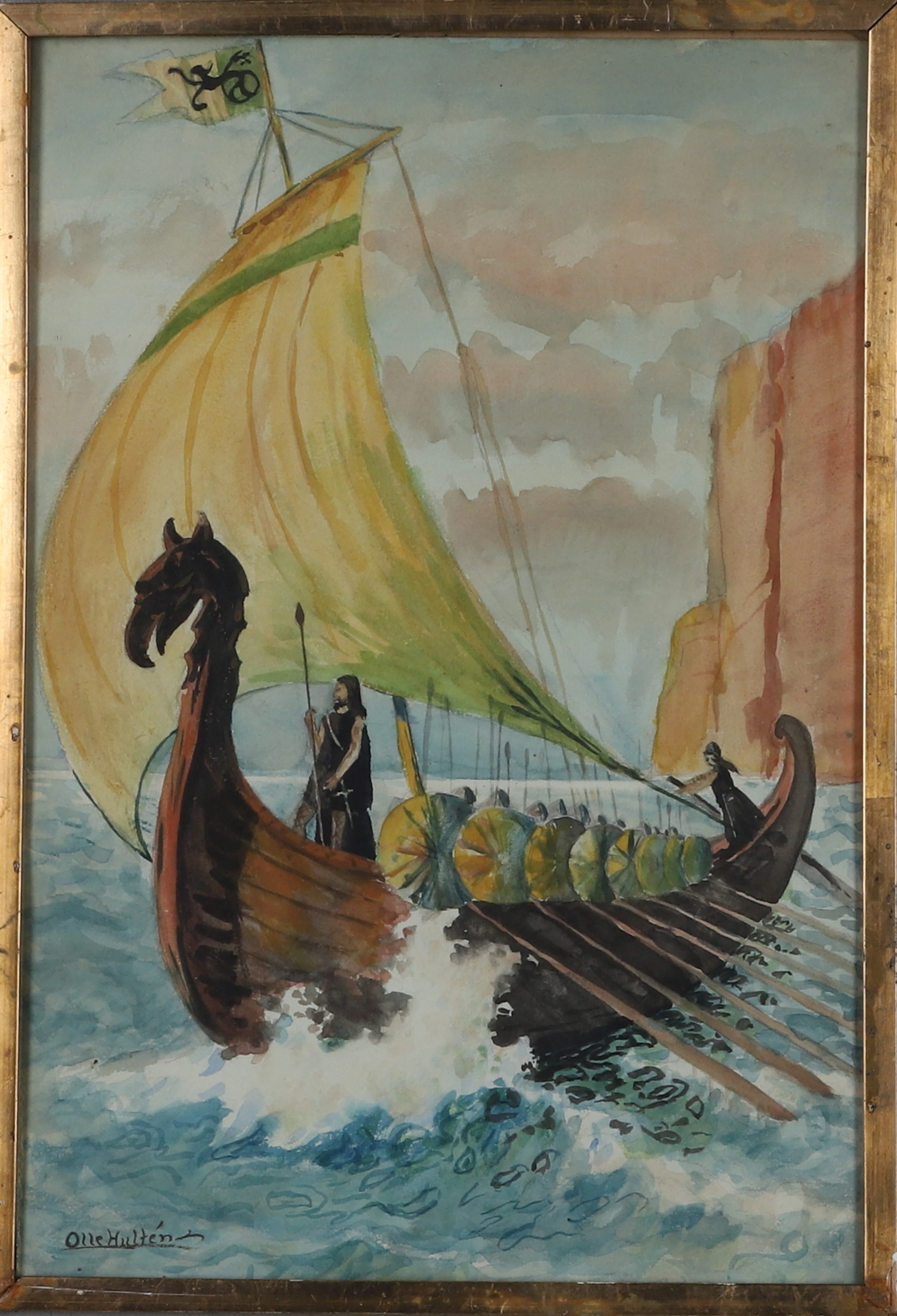 OLLE HULTÉN. akvarell, signerad.