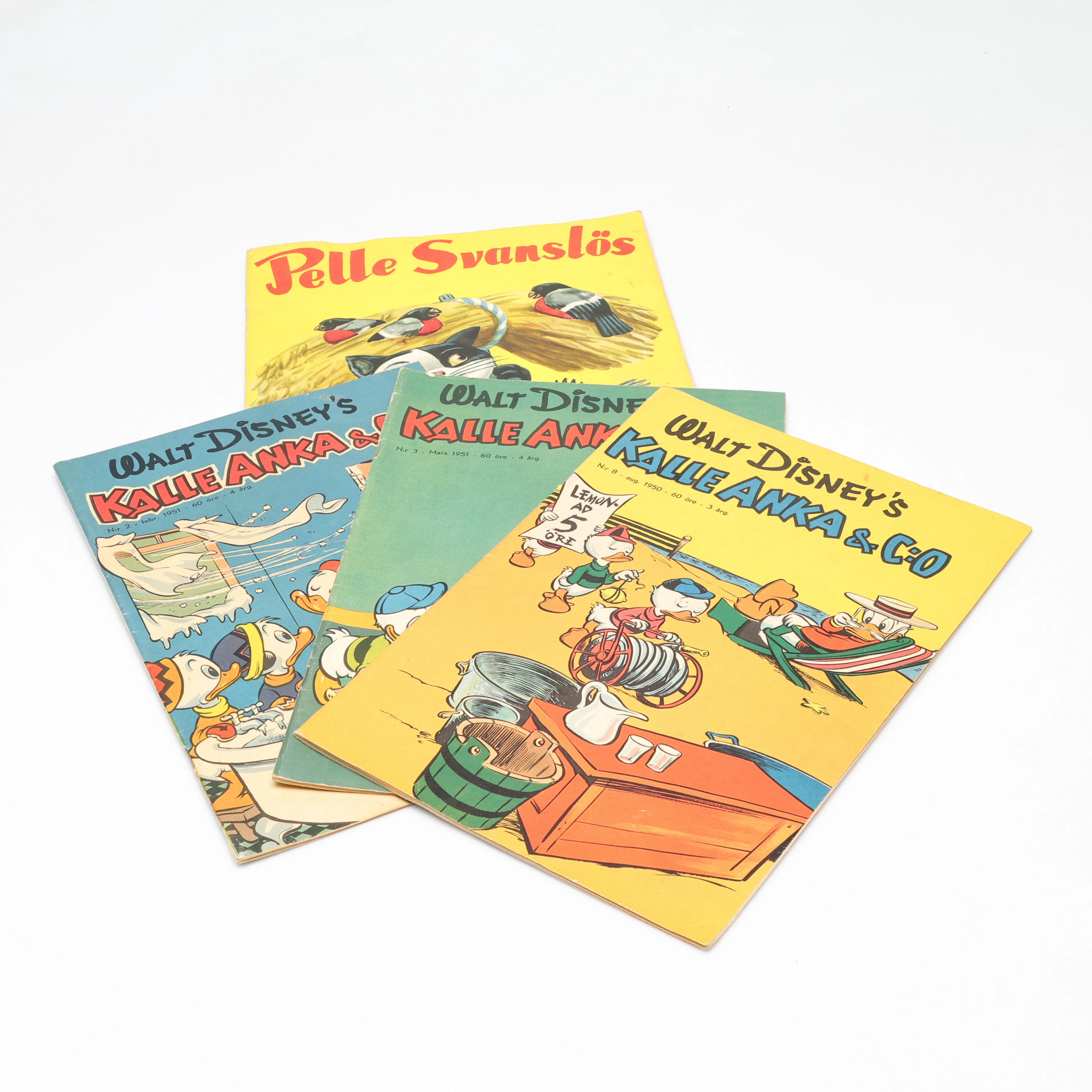 SERIETIDNINGAR, 4st, Kalle Anka & Co, samt Pelle Svanslös, 1950-tal.