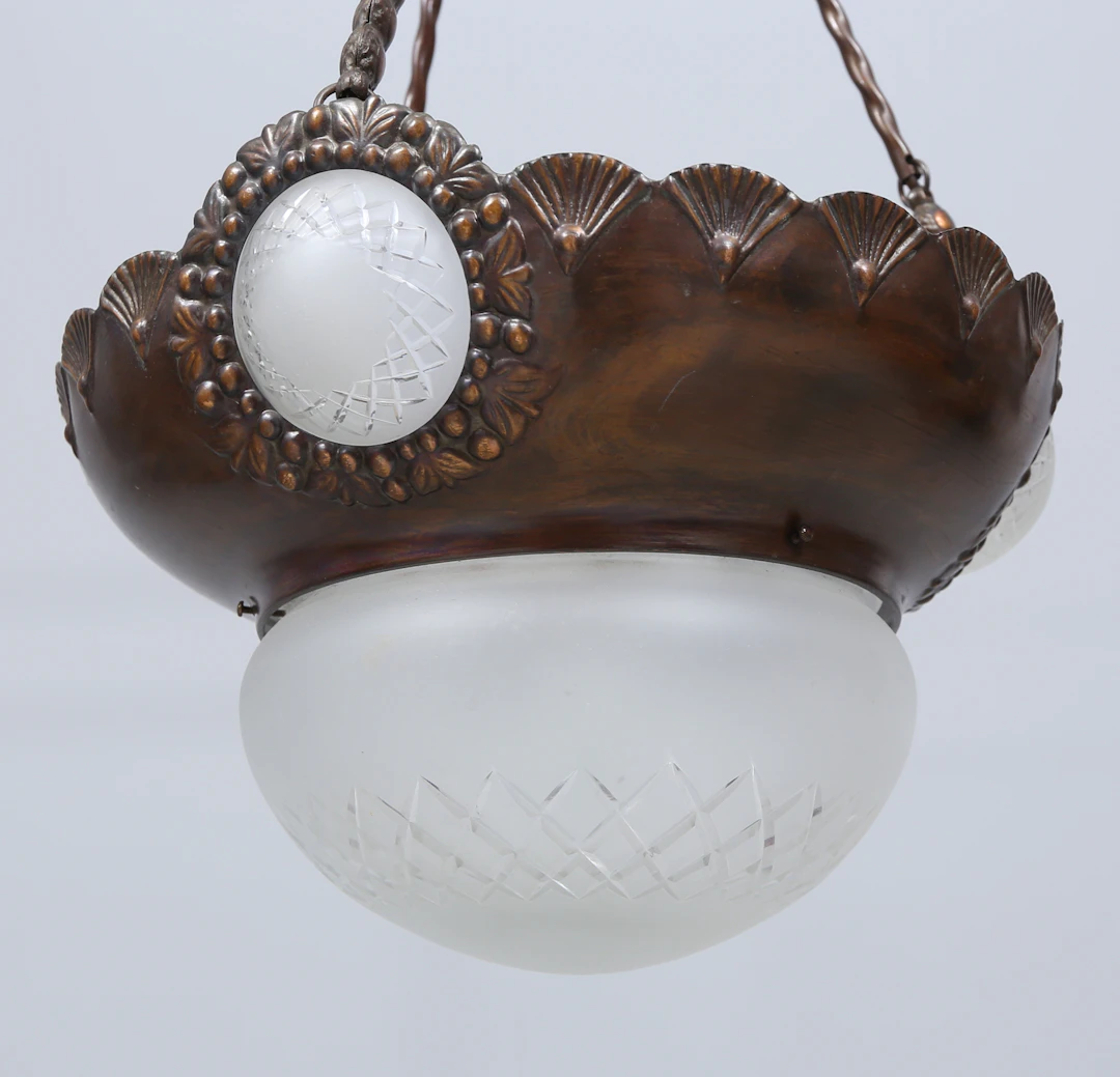 TAKLAMPA, jugend, koppar och glas, tidigt 1900 tal.