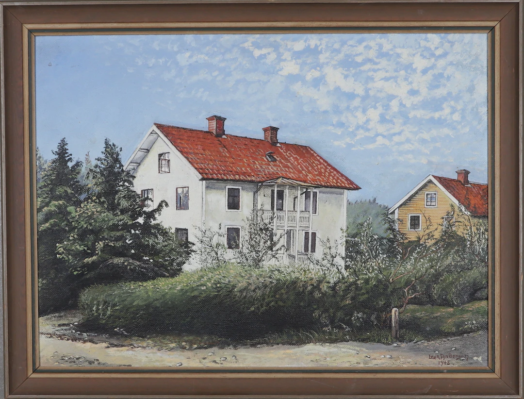 IVAR ANDERSON. Olja på pannå, villaområde, signerad och daterad 1945.