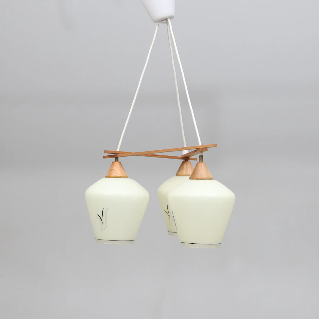 TAKLAMPA, teak och glas, tre ljuspunkter, 1900-talets mitt.