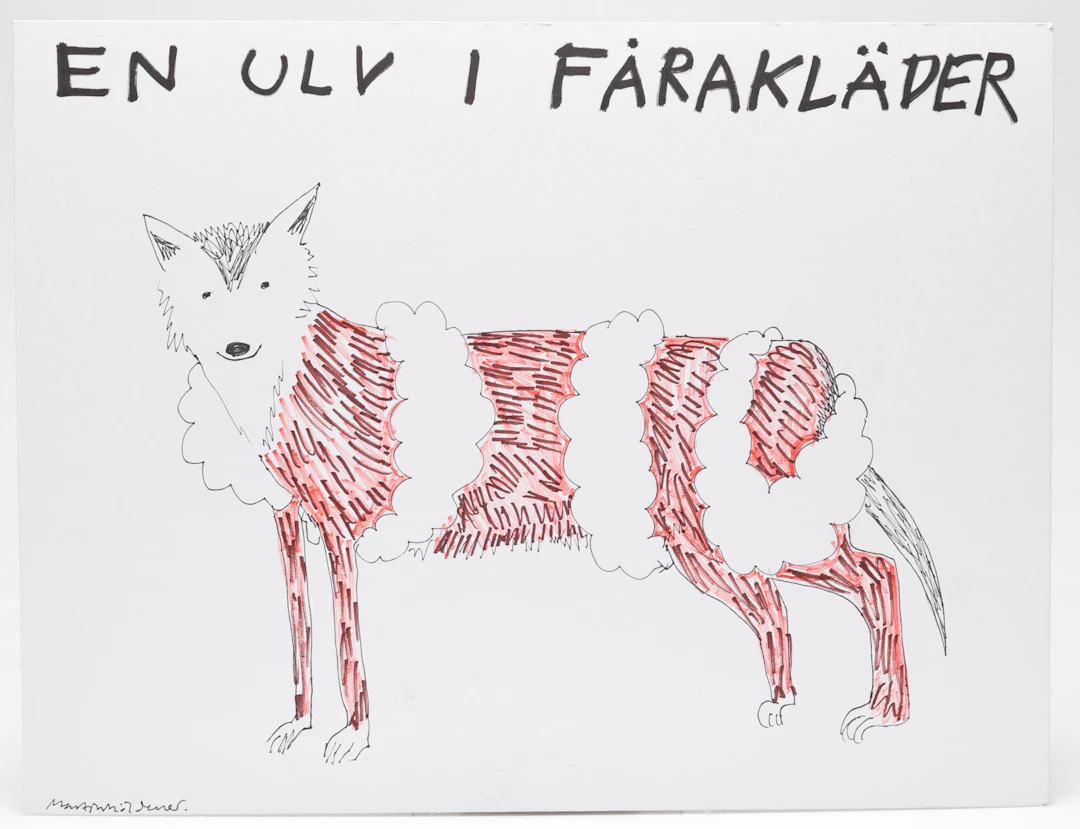 MARTIN MÖLDENER. "En ulv i fårakläder", tusch på passepartout, signerad.