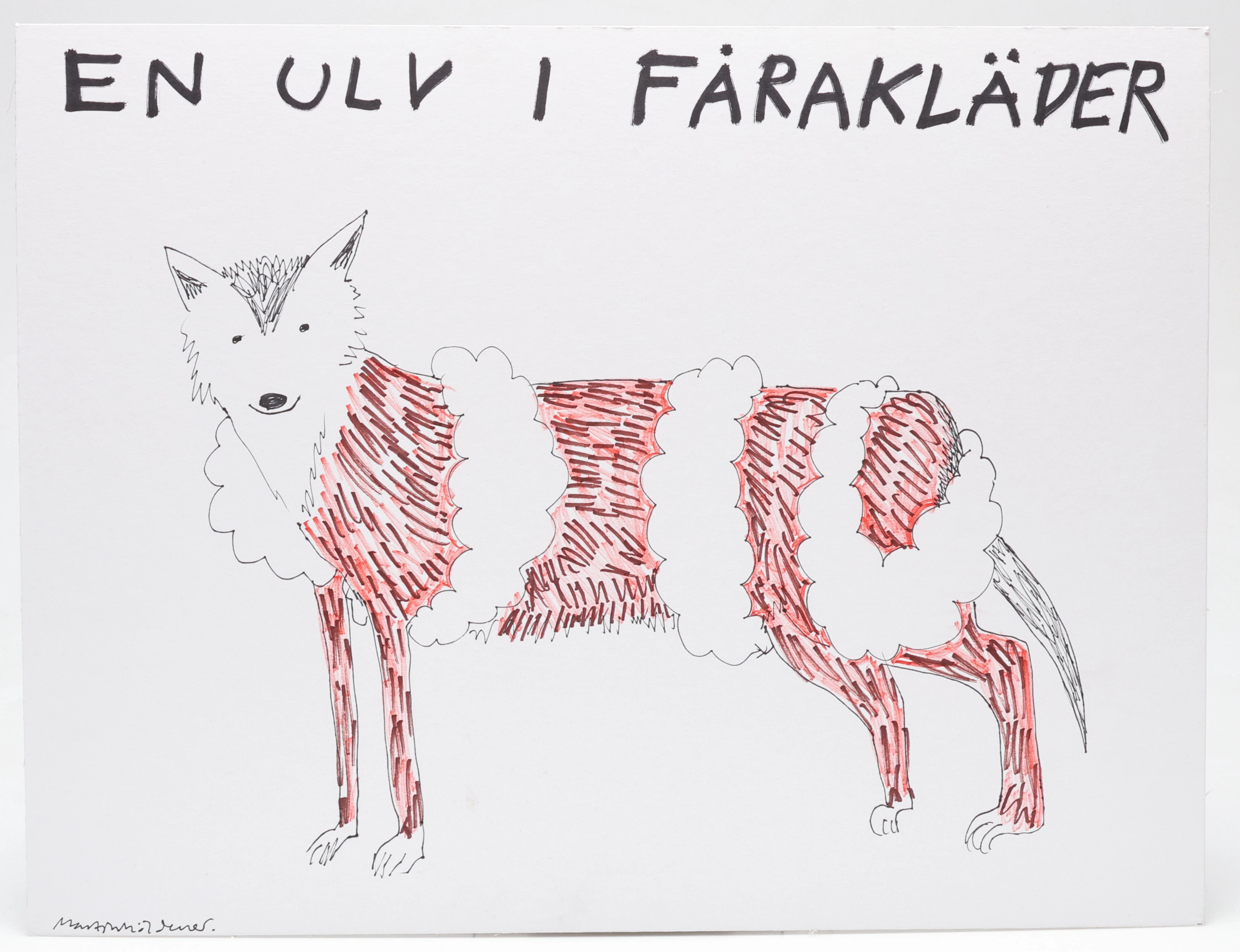 MARTIN MÖLDENER. "En ulv i fårakläder", tusch på passepartout, signerad.