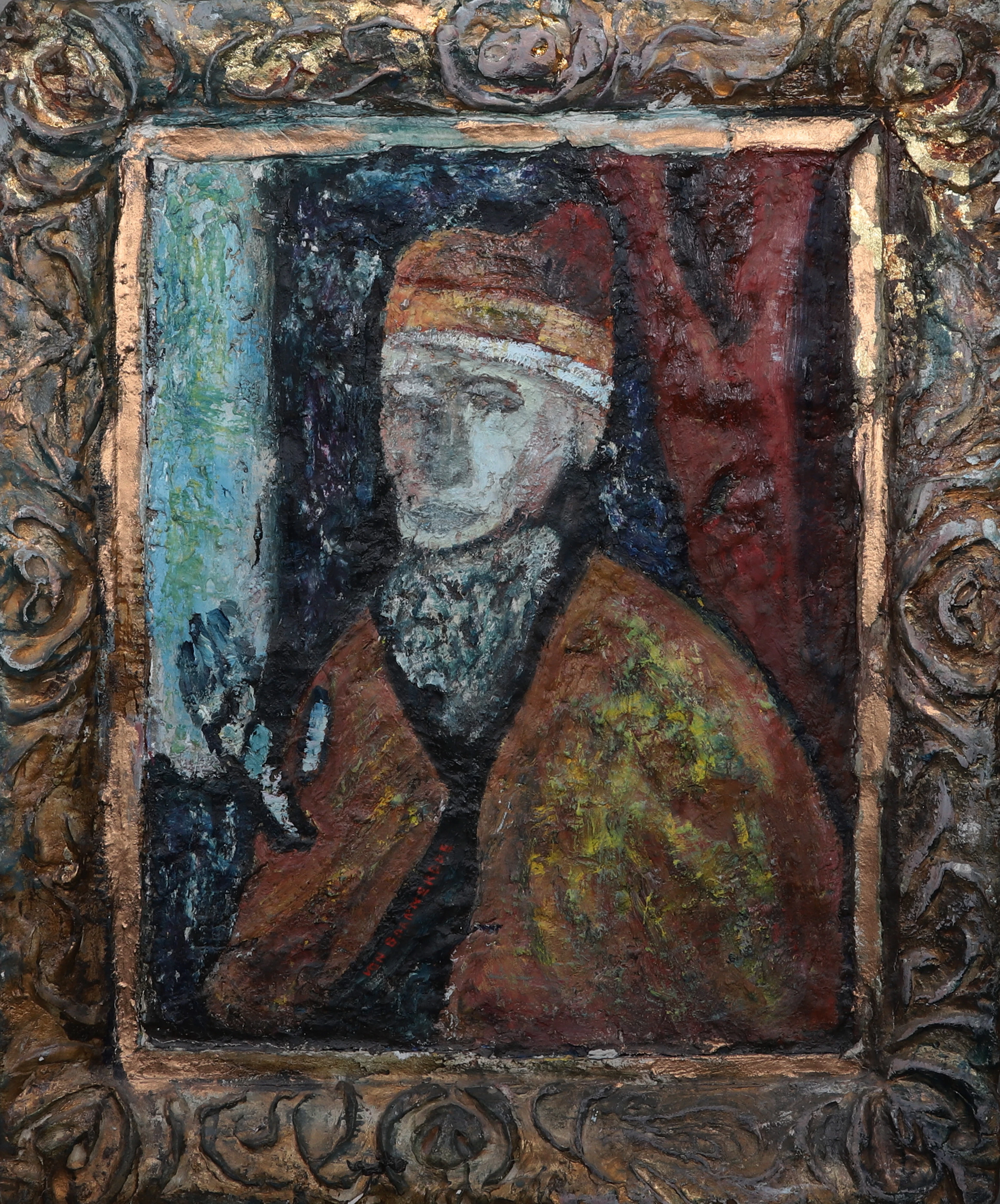 BARBARA VON BÄRNRODE. Blandteknik på pannå, figuralt motiv, signerad.