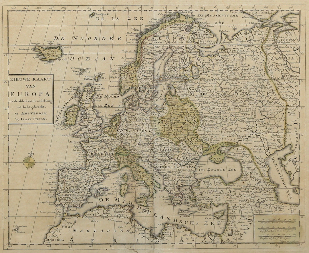 KARTA, handkolorerad, "Nieuwe Kaart van Europa" Isaak Tirion/ J.Keyser.