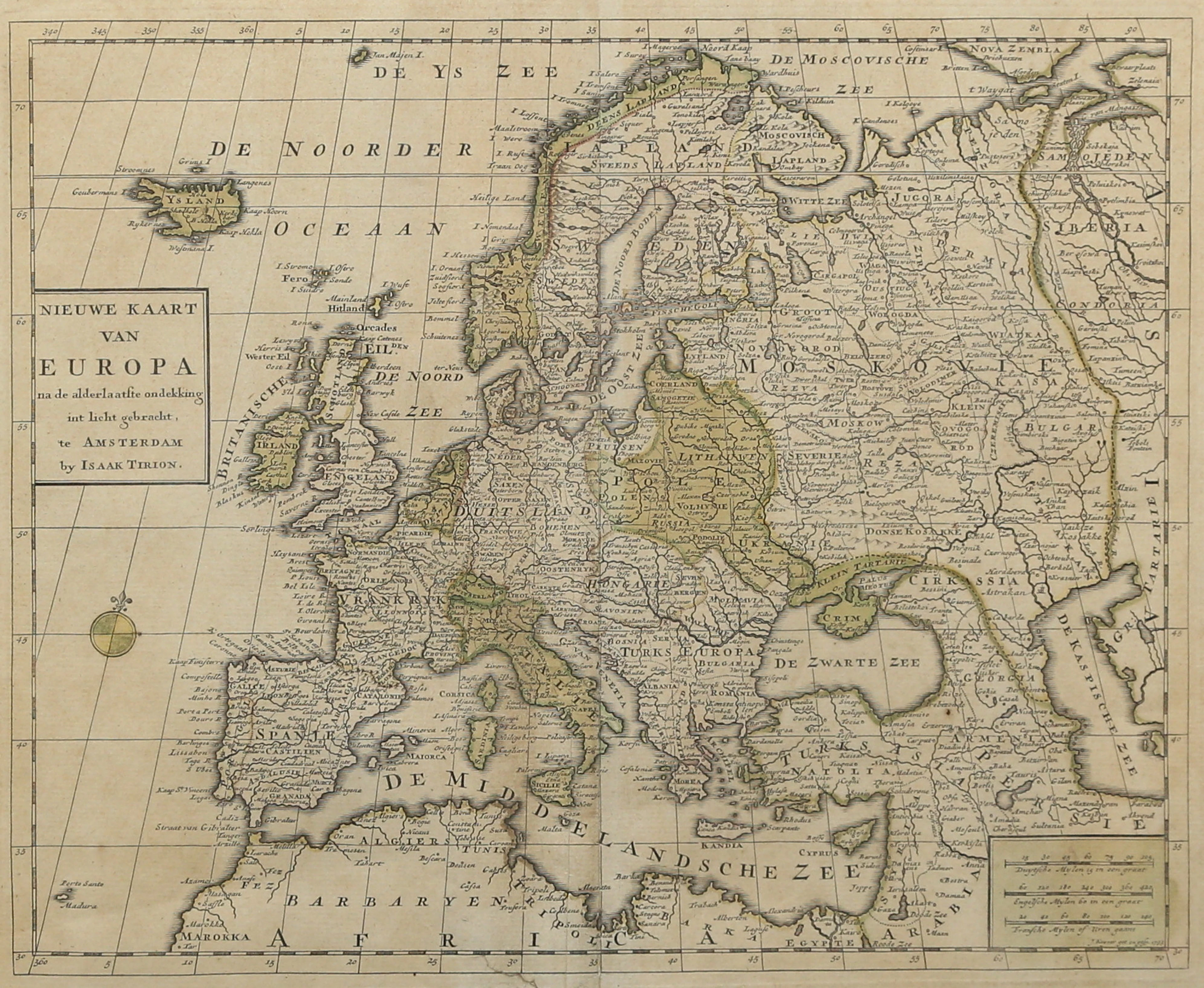KARTA, handkolorerad, "Nieuwe Kaart van Europa" Isaak Tirion/ J.Keyser.
