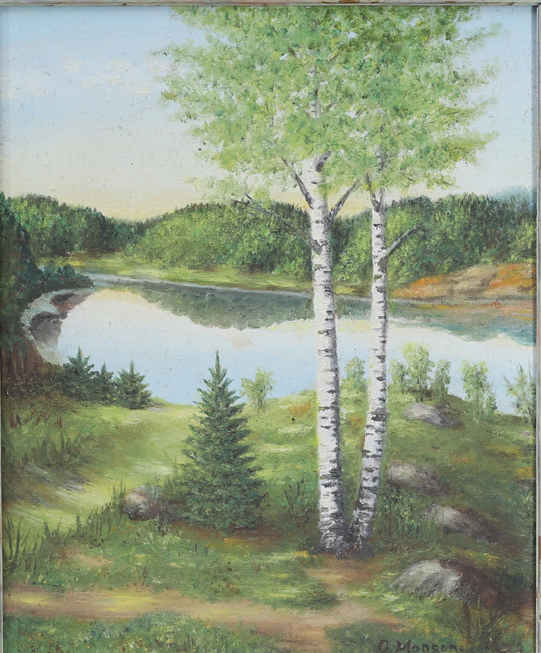OIDENTIFIERAD KONSTNÄR, Olja på pannå, landskapsmotiv, signerad O Monson.