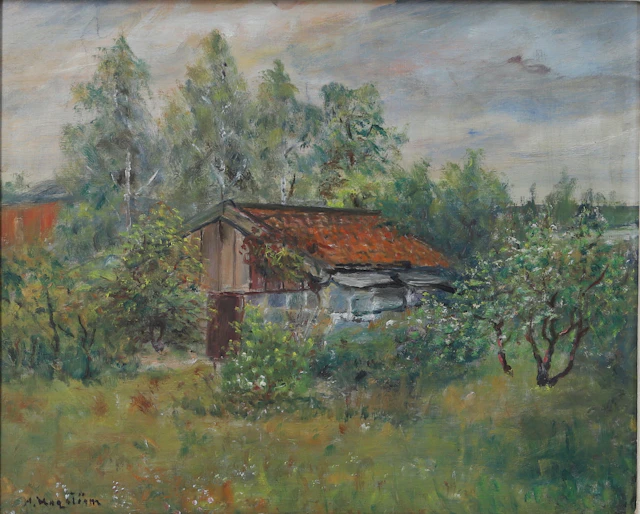 HOLGER HAGSTRÖM. Olja på pannå, hus på landet, signerad H Hagström.