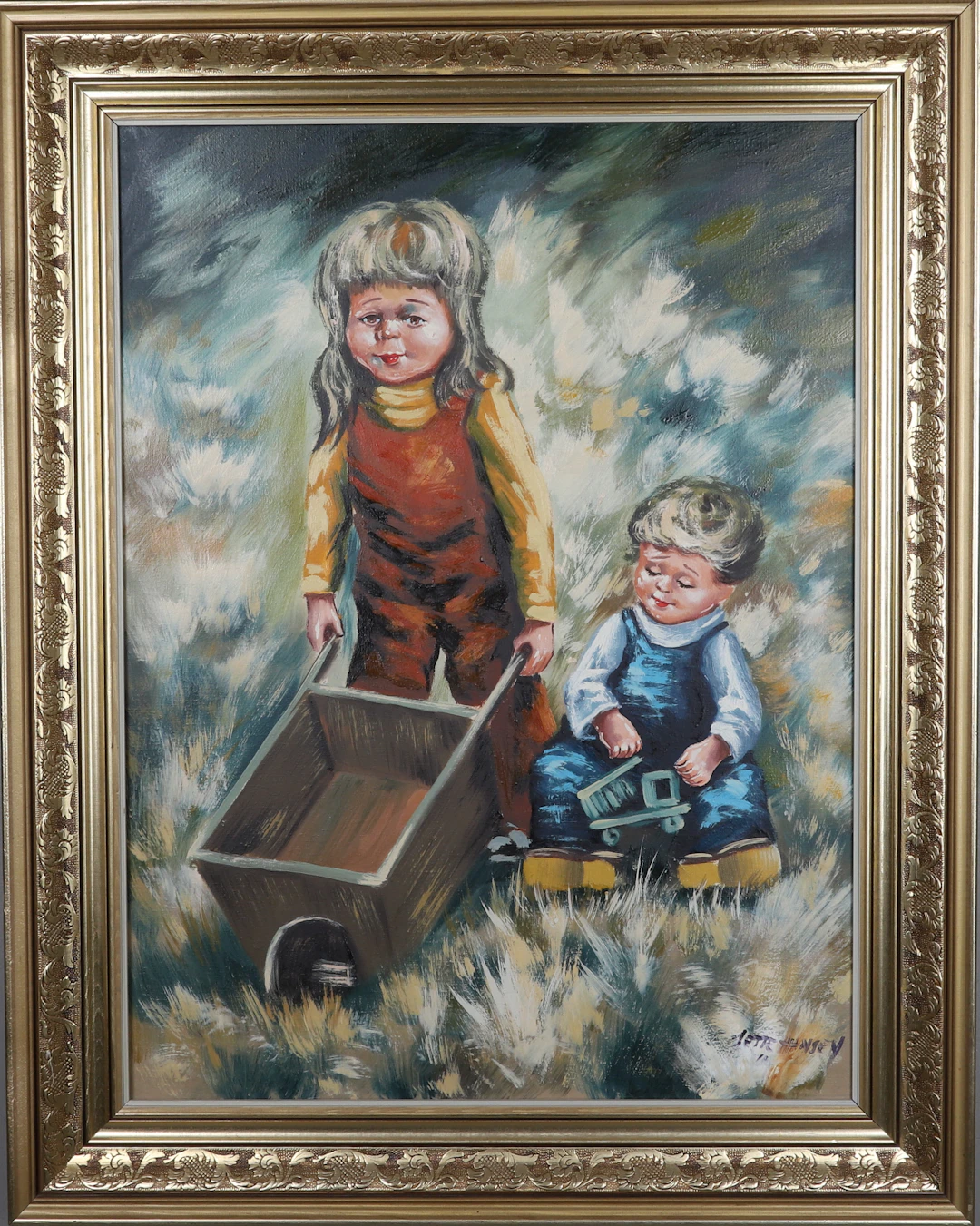 JETTE HANSEN. Olja på duk, barn i gräset, signerad.