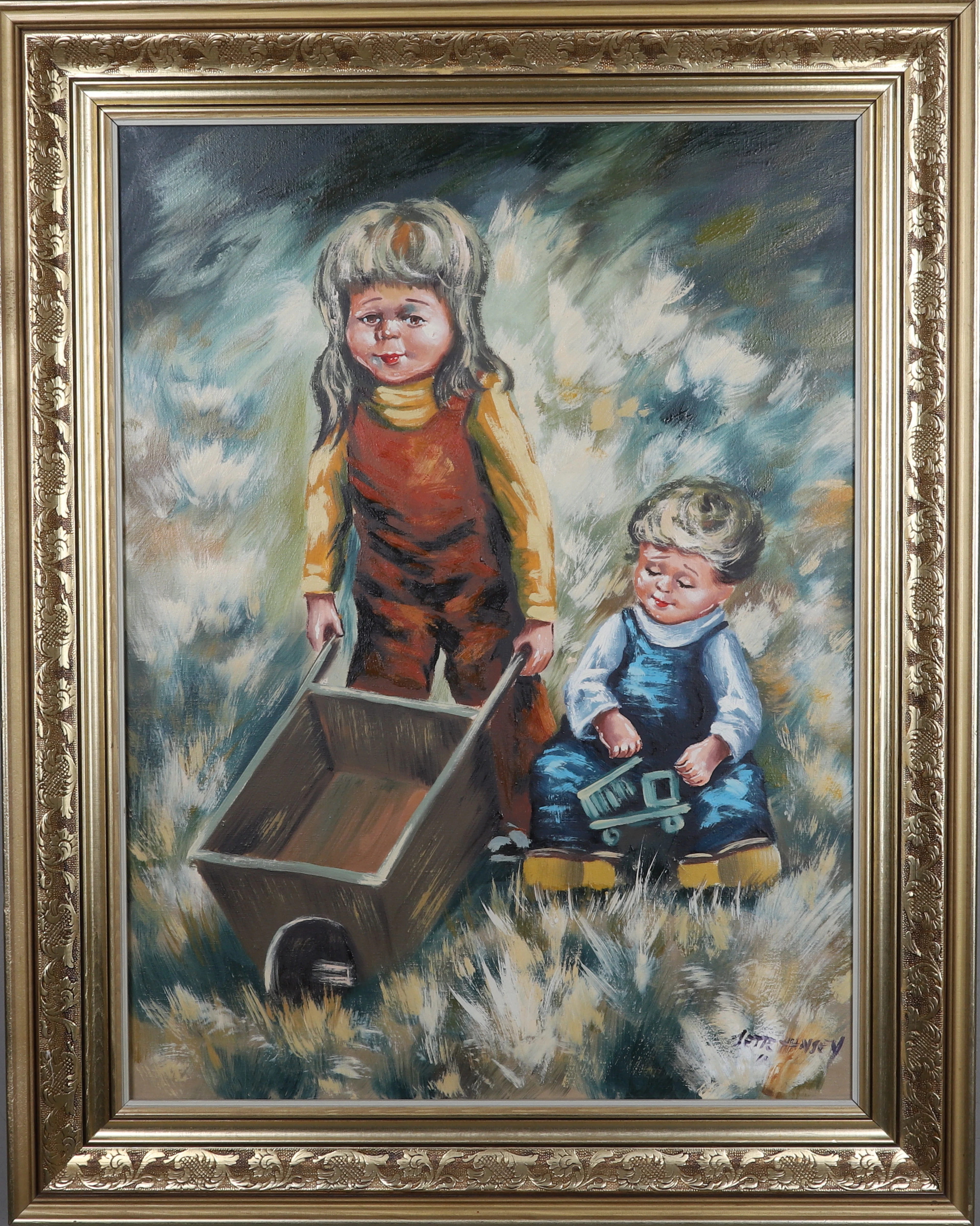 JETTE HANSEN. Olja på duk, barn i gräset, signerad.