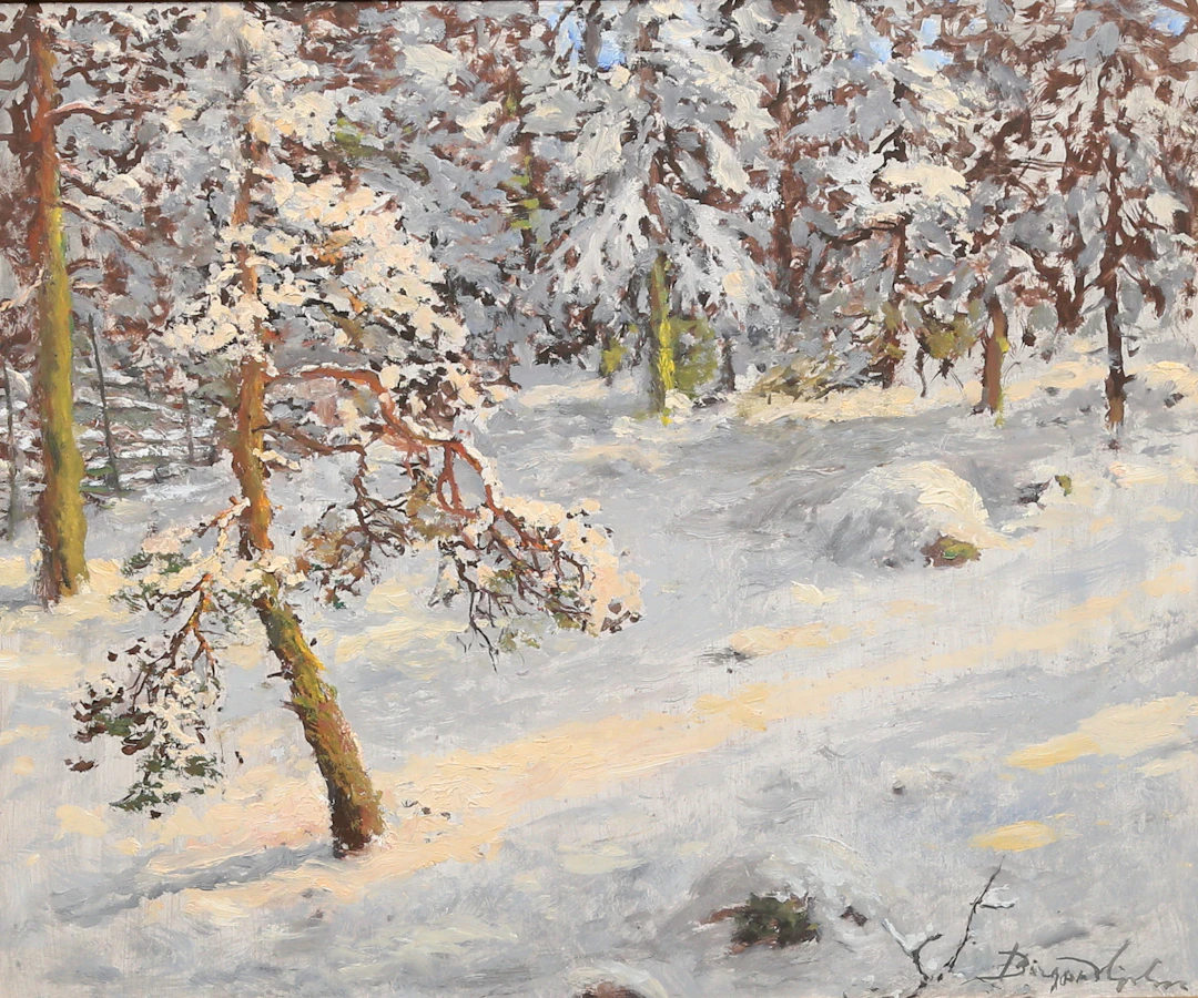 BIRGER HJELM. olja på pannå. Solglimt i skogen 1969, signerad.