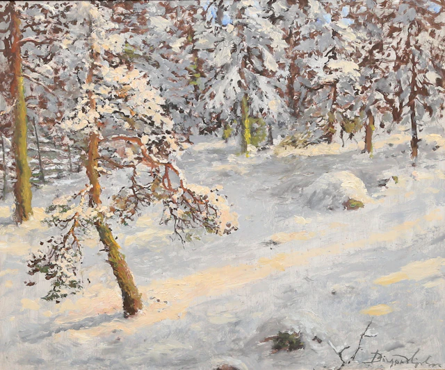 BIRGER HJELM. olja på pannå. Solglimt i skogen 1969, signerad.