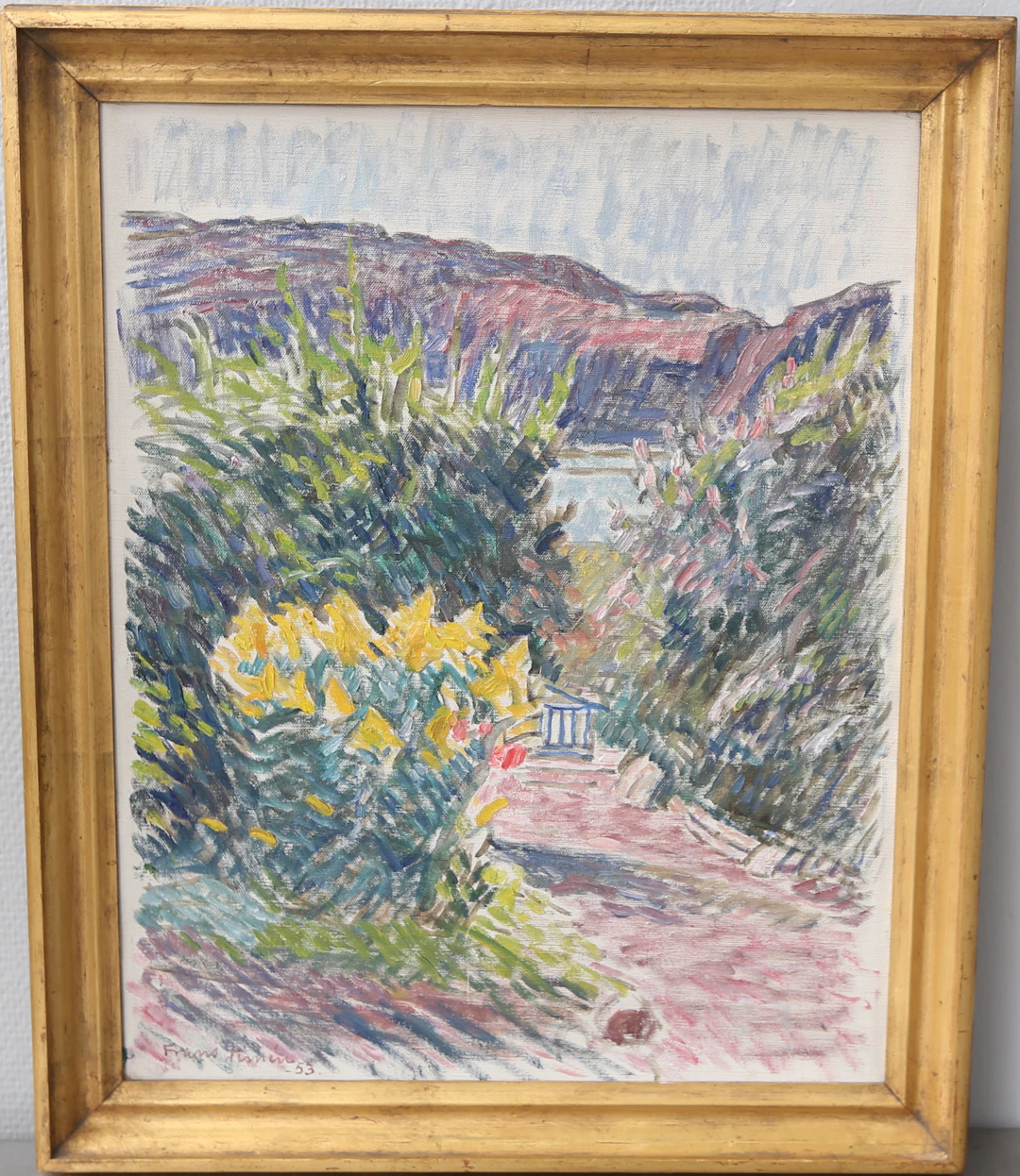 FRANS TIMÉN (1883-1968). olja på duk, "Blick genom trädgården", signerad