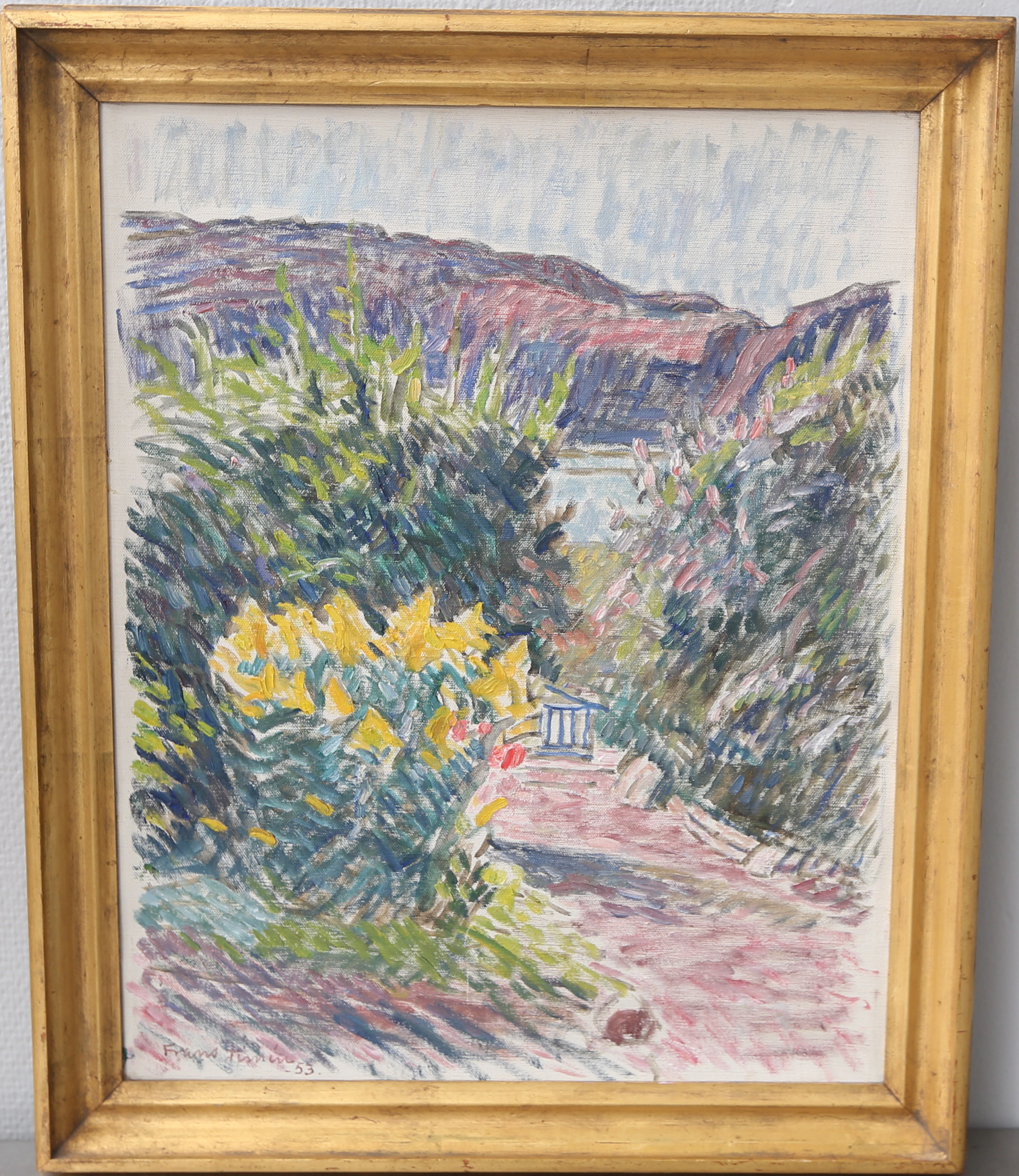 FRANS TIMÉN (1883-1968). olja på duk, "Blick genom trädgården", signerad