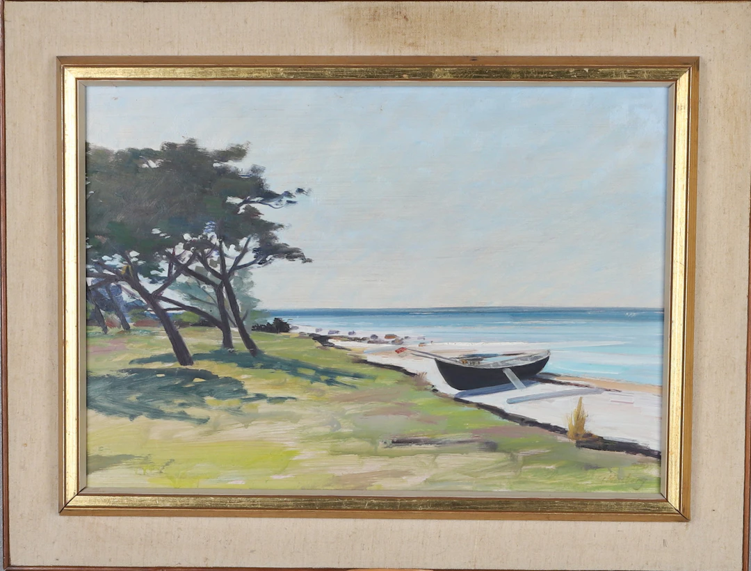GUNNAR MOSSBERG. Olja på pannå, " Strandparti vid Västergarn, Gotland"