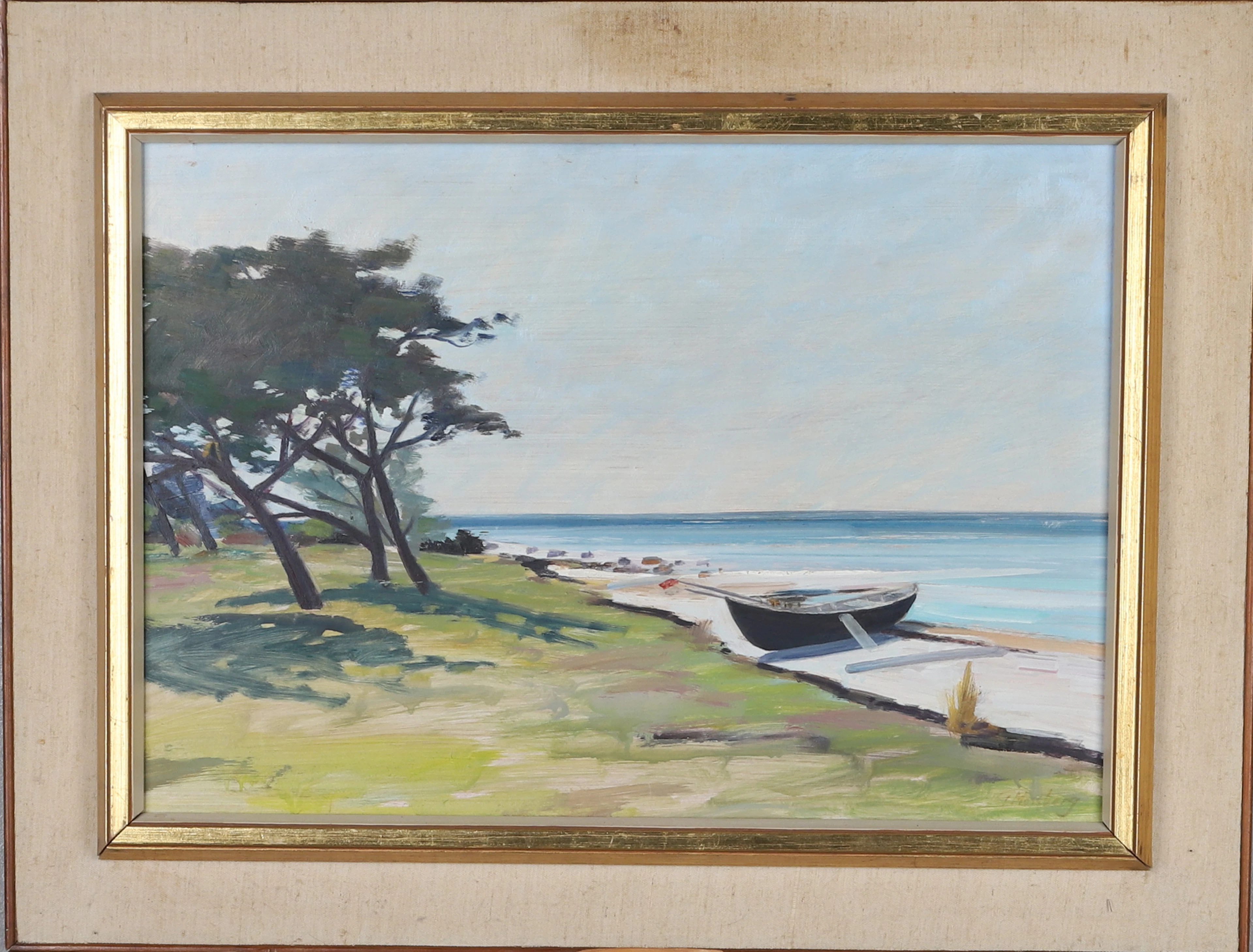 GUNNAR MOSSBERG. Olja på pannå, " Strandparti vid Västergarn, Gotland"