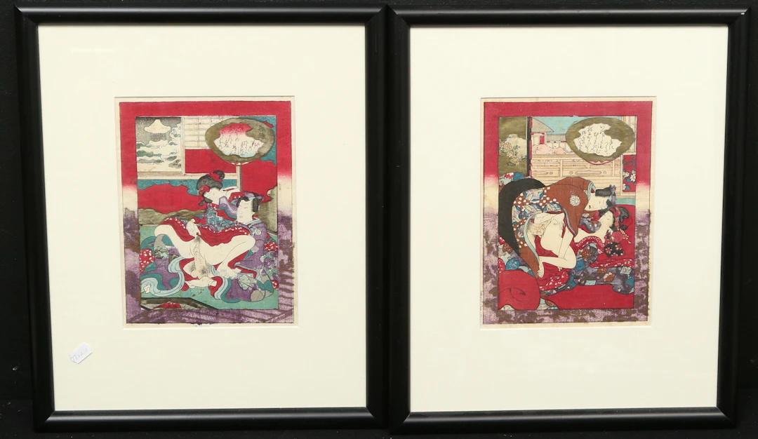 OIDENTIFIERAD KONSTNÄR. Shunga, 2st, kolorerade träsnitt, Japan, sannolikt
